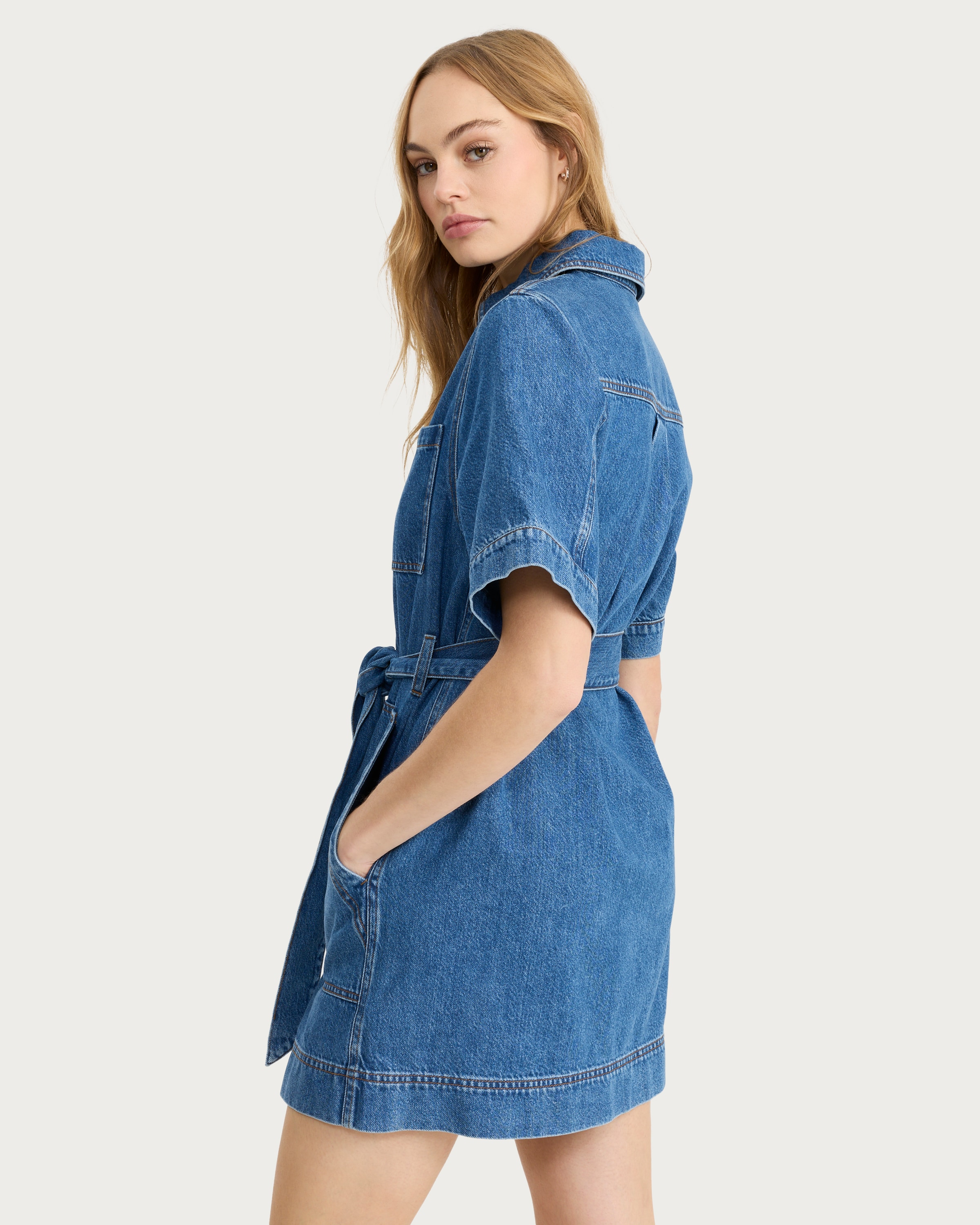 F&F Pure Cotton Button Up Belted Mini Dress in Navy thumbnail 3