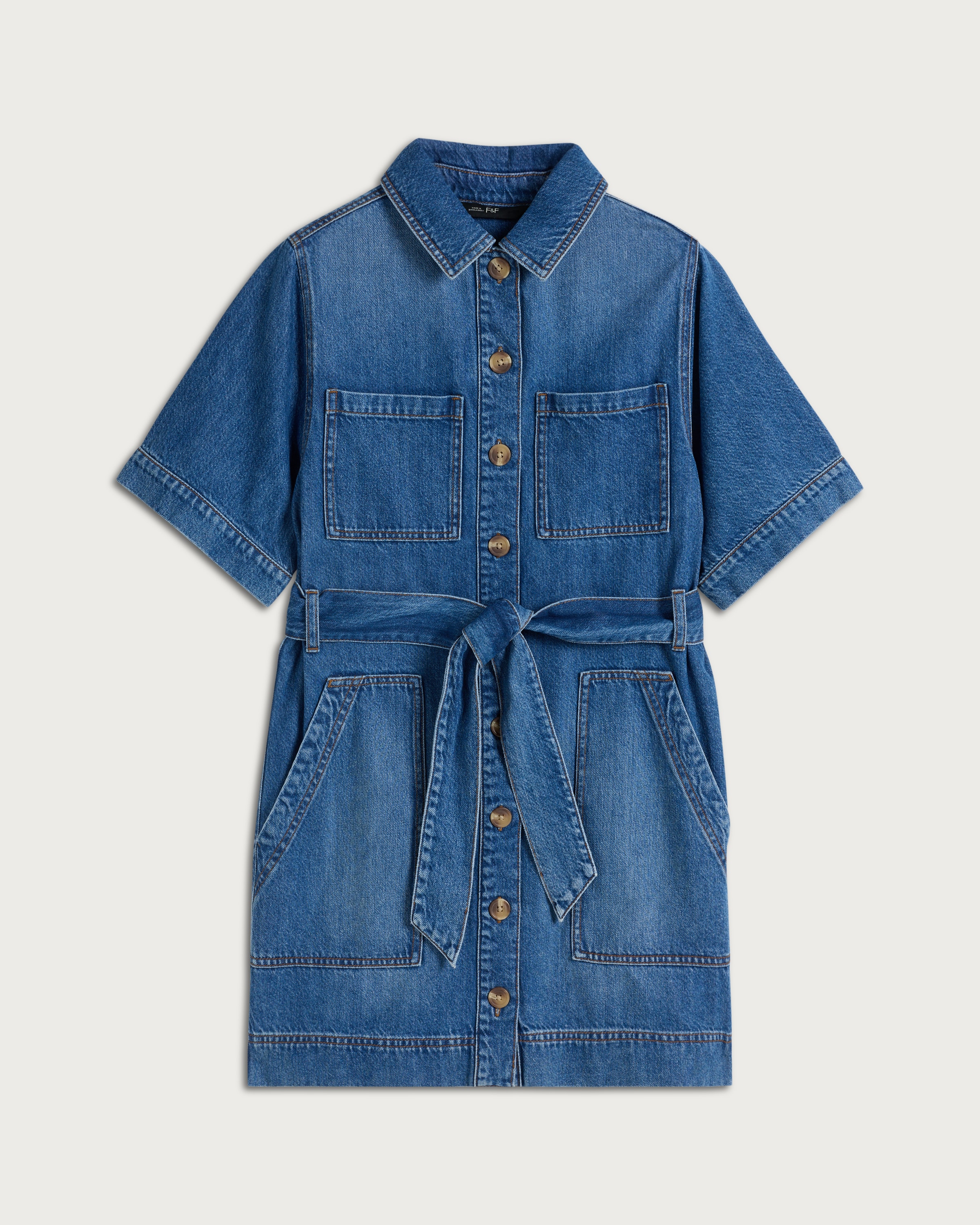F&F Pure Cotton Button Up Belted Mini Dress in Navy thumbnail 4