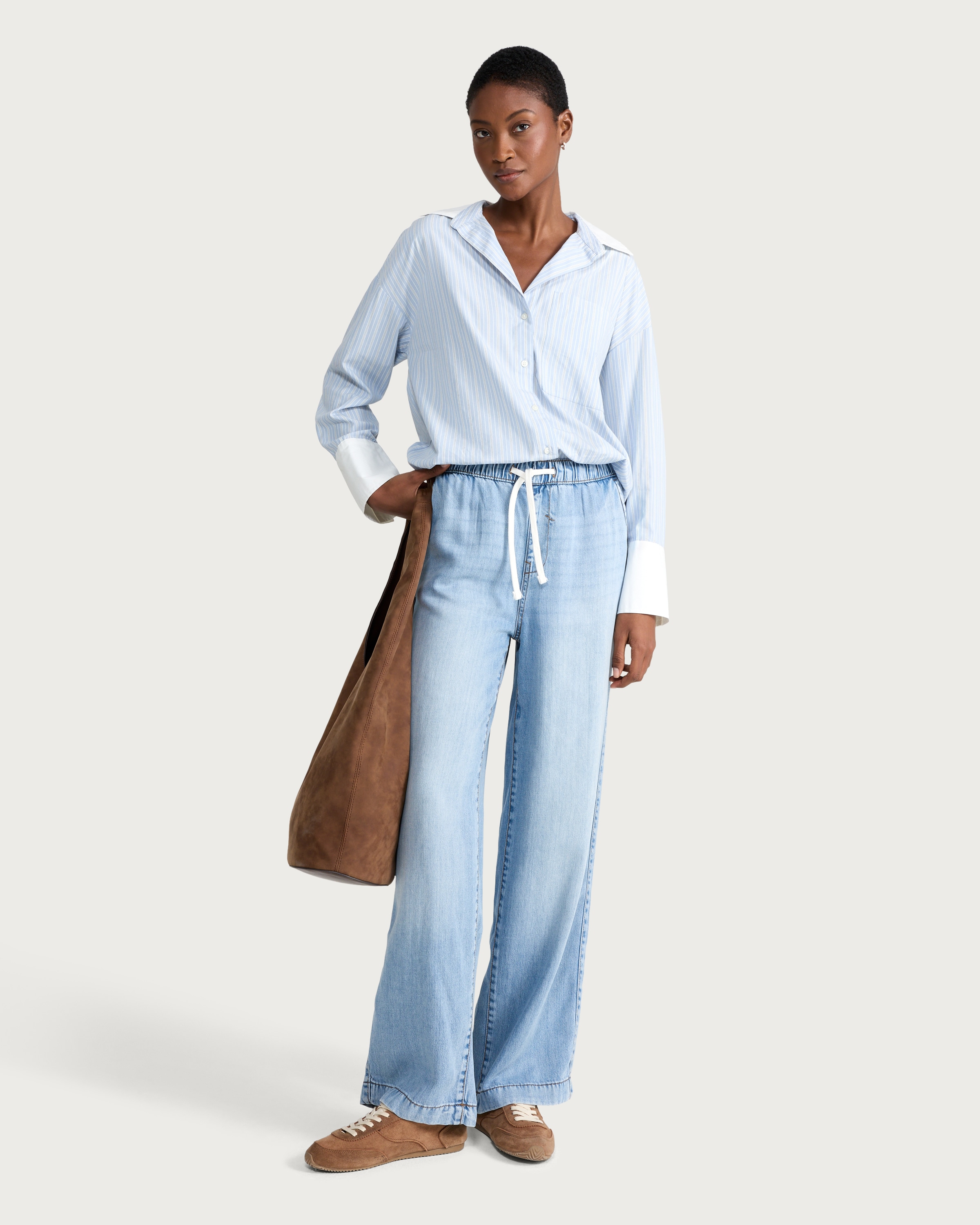 The F&F Edit Pure Lyocell High Rise Wide Leg Drawstring Jeans in Blue