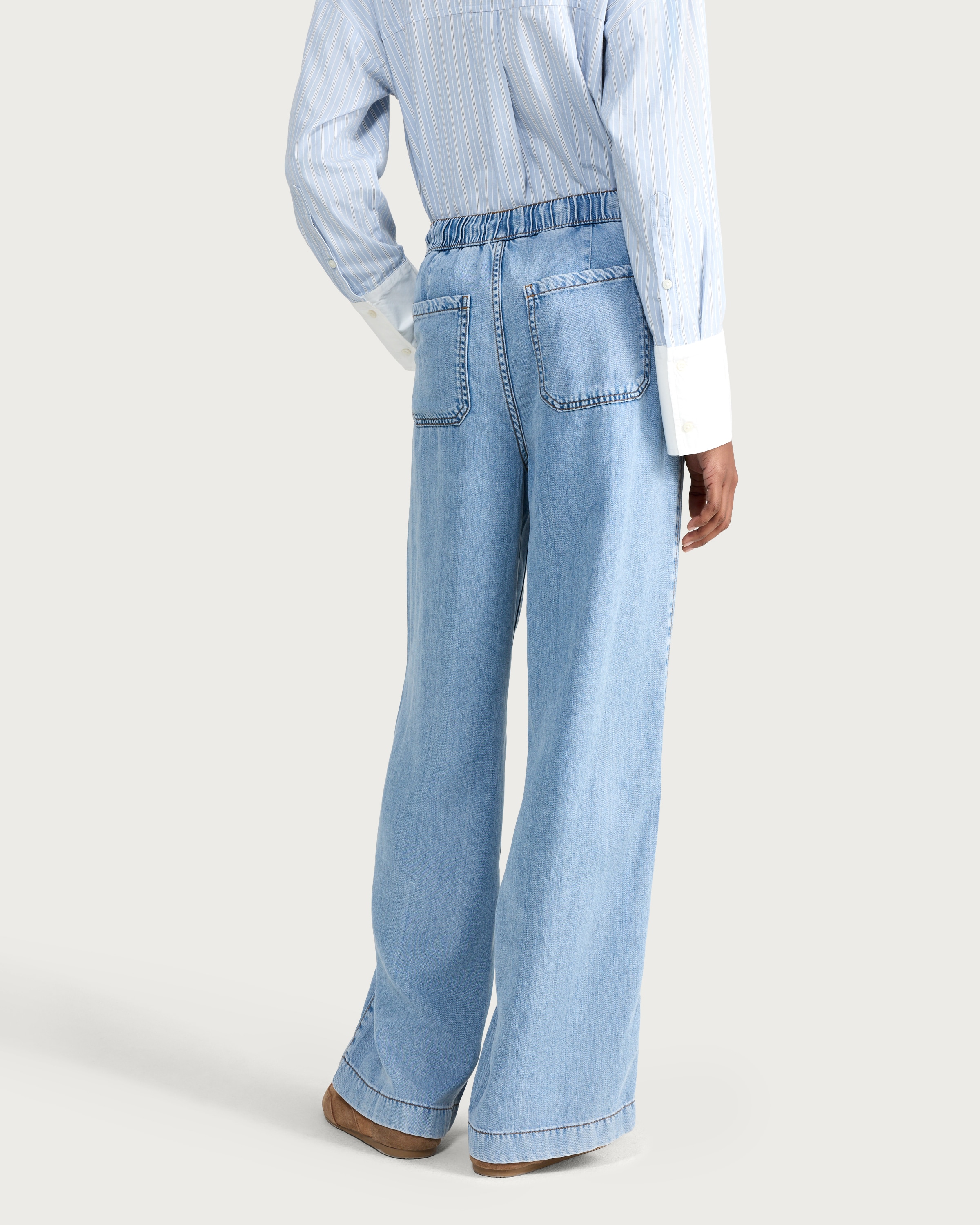 The F&F Edit Pure Lyocell High Rise Wide Leg Drawstring Jeans in Blue thumbnail 3