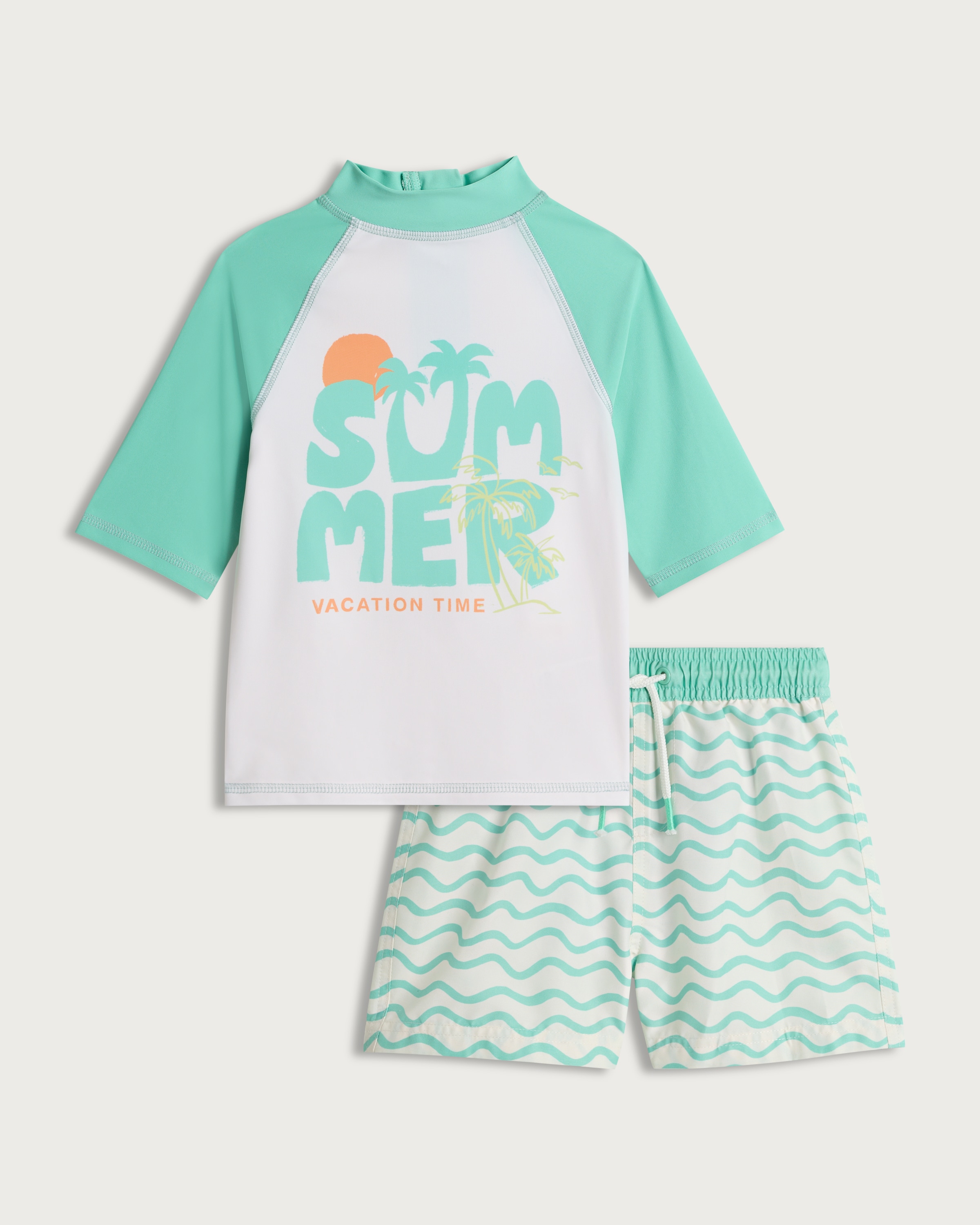F&F Boys 2-Piece Summer Vacation Time Rash Vest and Swim Shorts Set in Green