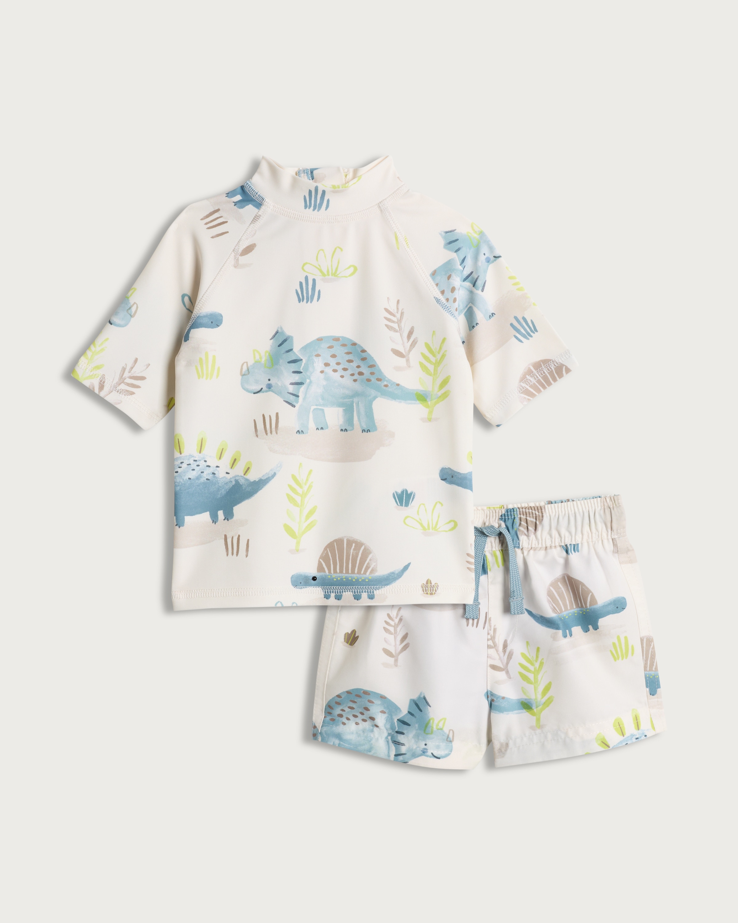 F&F Baby 2-Piece Dinosaur Print Rash Vest and Swim Shorts Set in Cream