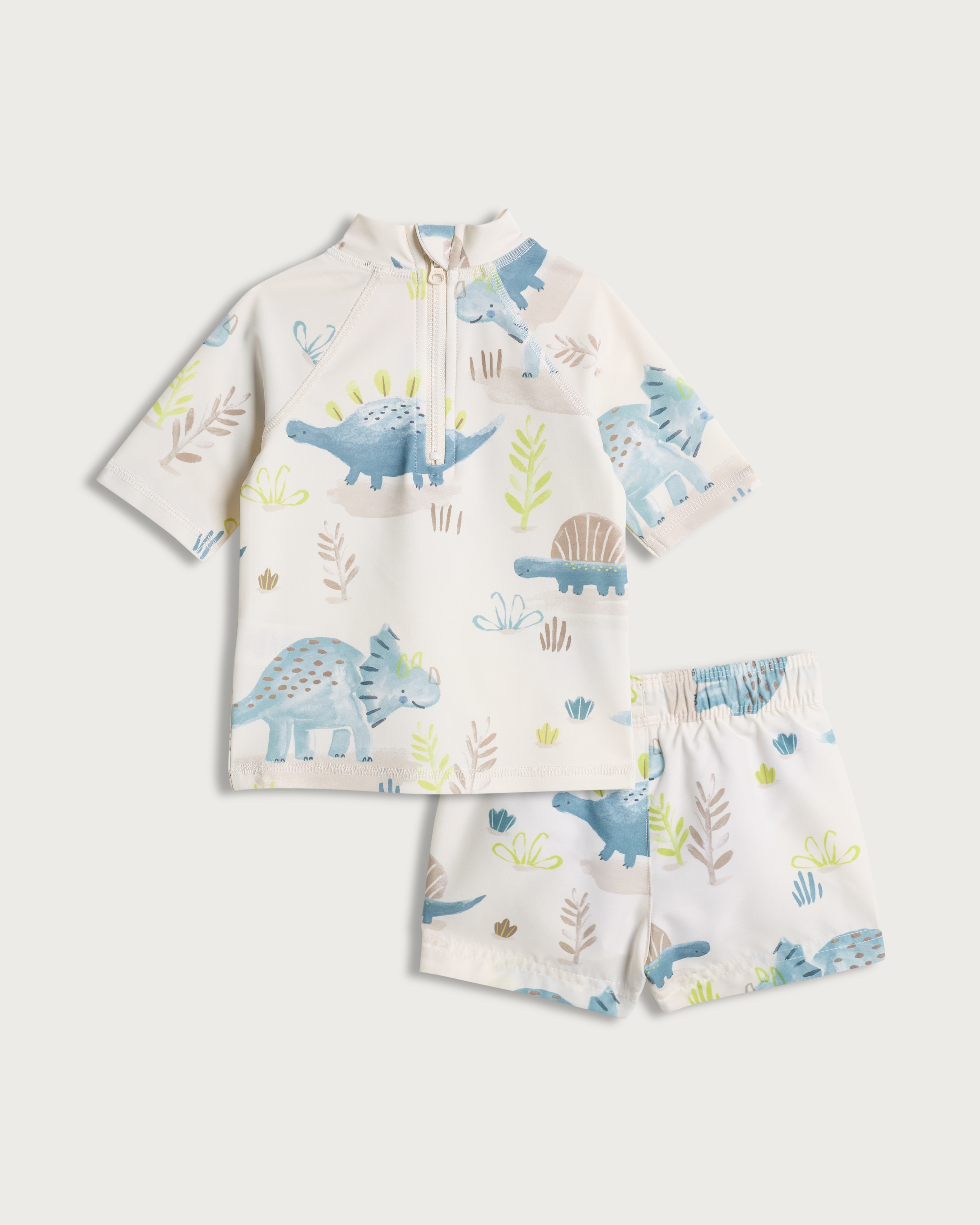 F&F Baby 2-Piece Dinosaur Print Rash Vest and Swim Shorts Set in Cream thumbnail 2