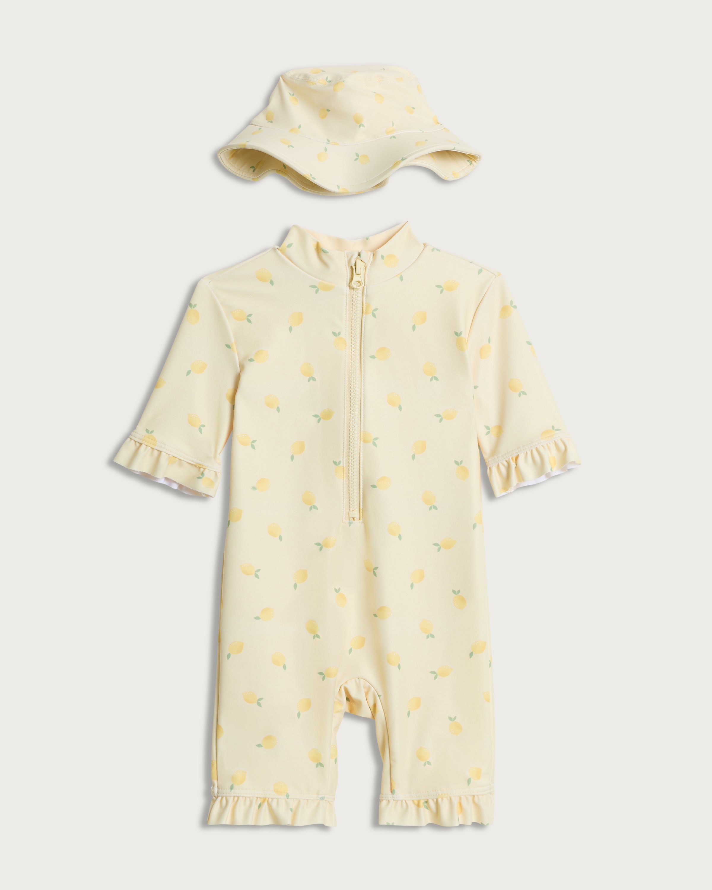 F&F Baby 2-Piece Lemon Print Sunsafe Swimsuit and Hat Set in Yellow