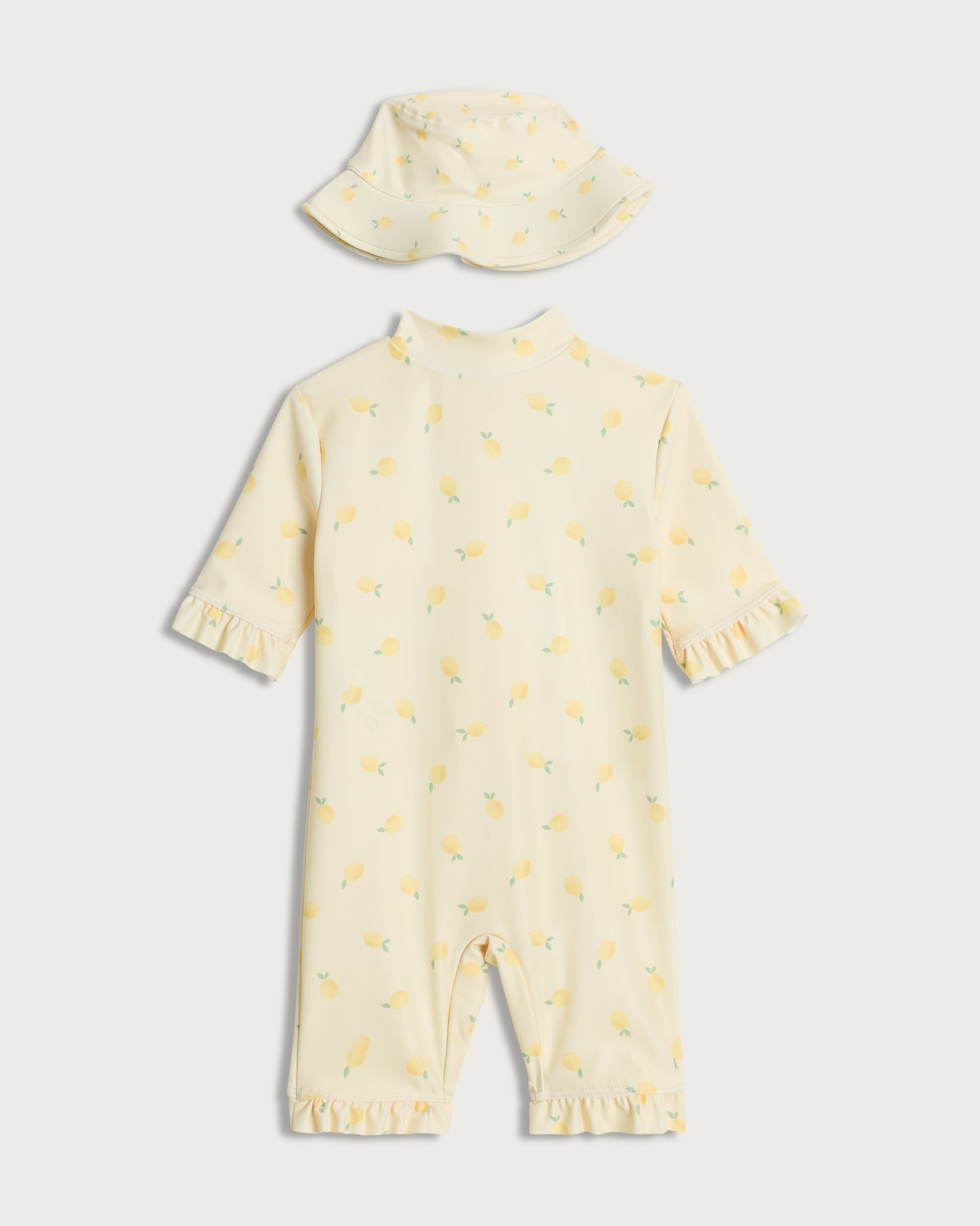 F&F Baby 2-Piece Lemon Print Sunsafe Swimsuit and Hat Set in Yellow thumbnail 2