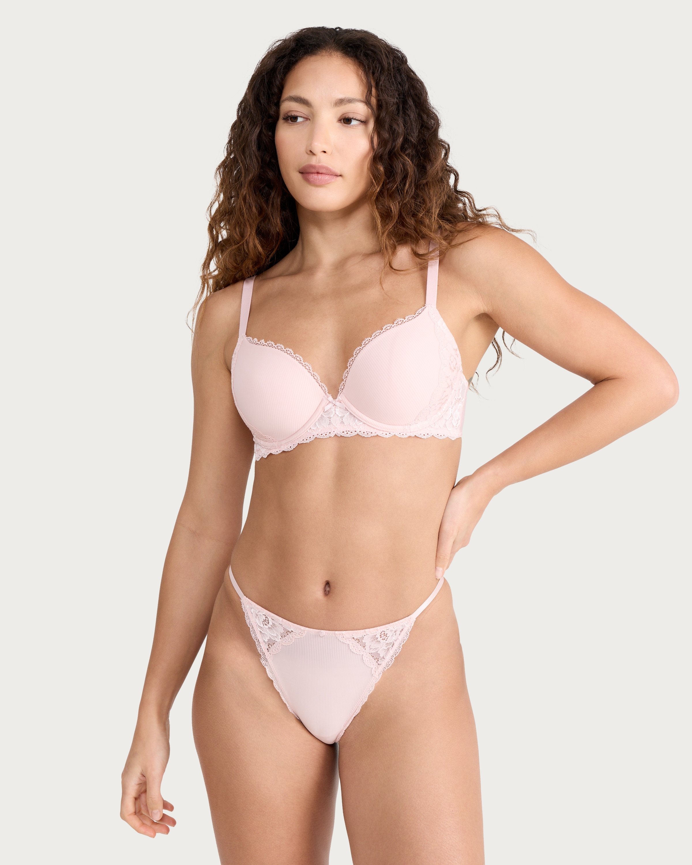 F&F 2-Pack Ribbed Lace Trim Padded Wired T-Shirt Bras in Pink thumbnail 2