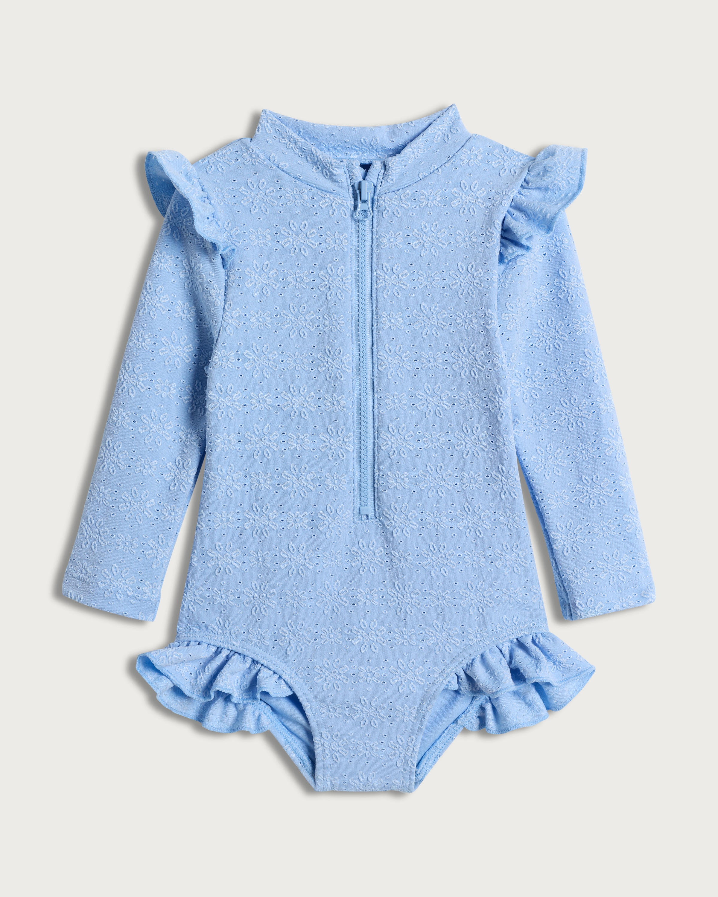 F&F Baby Floral Broderie Frill Long Sleeved Swimsuit in Blue