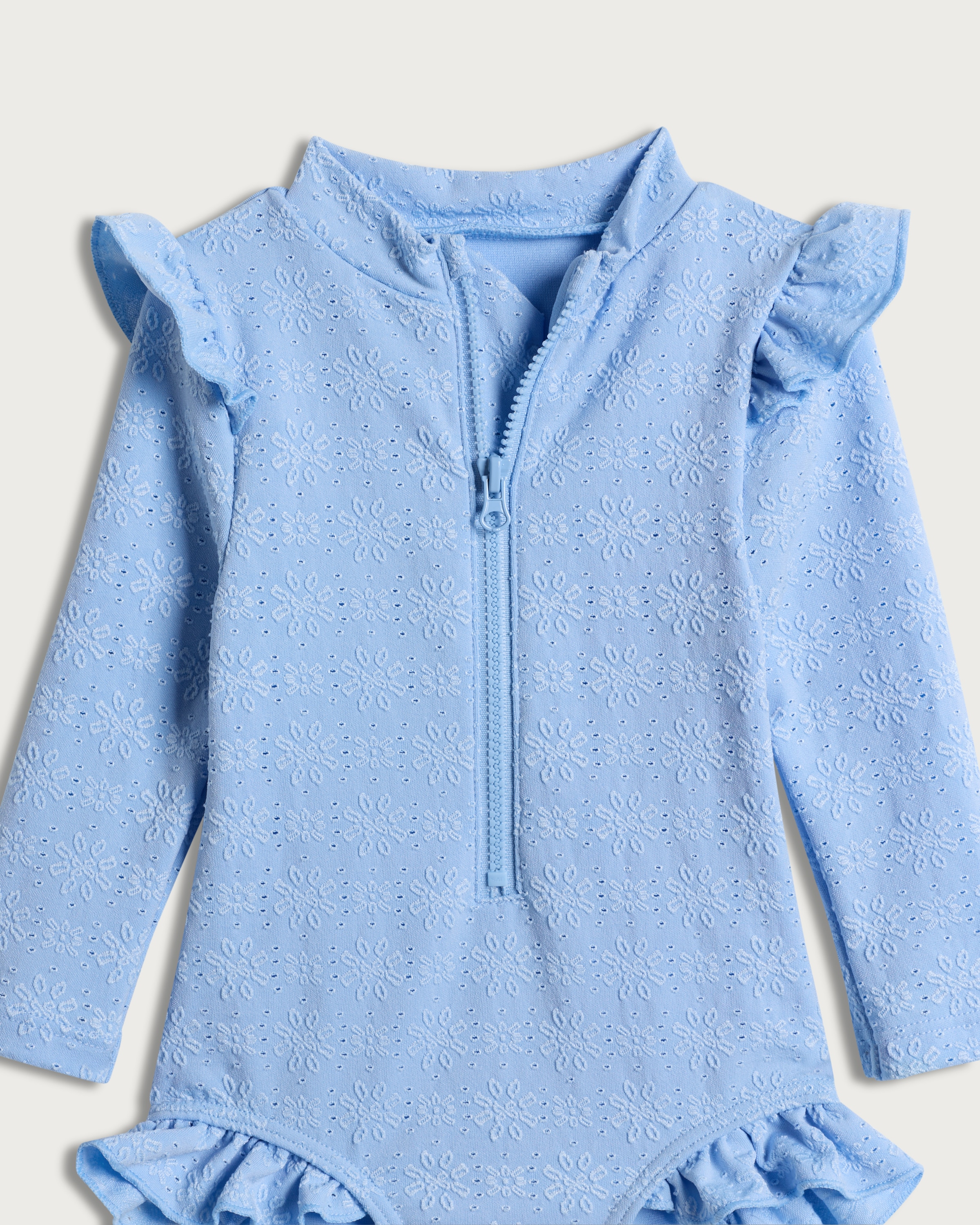F&F Baby Floral Broderie Frill Long Sleeved Swimsuit in Blue thumbnail 3