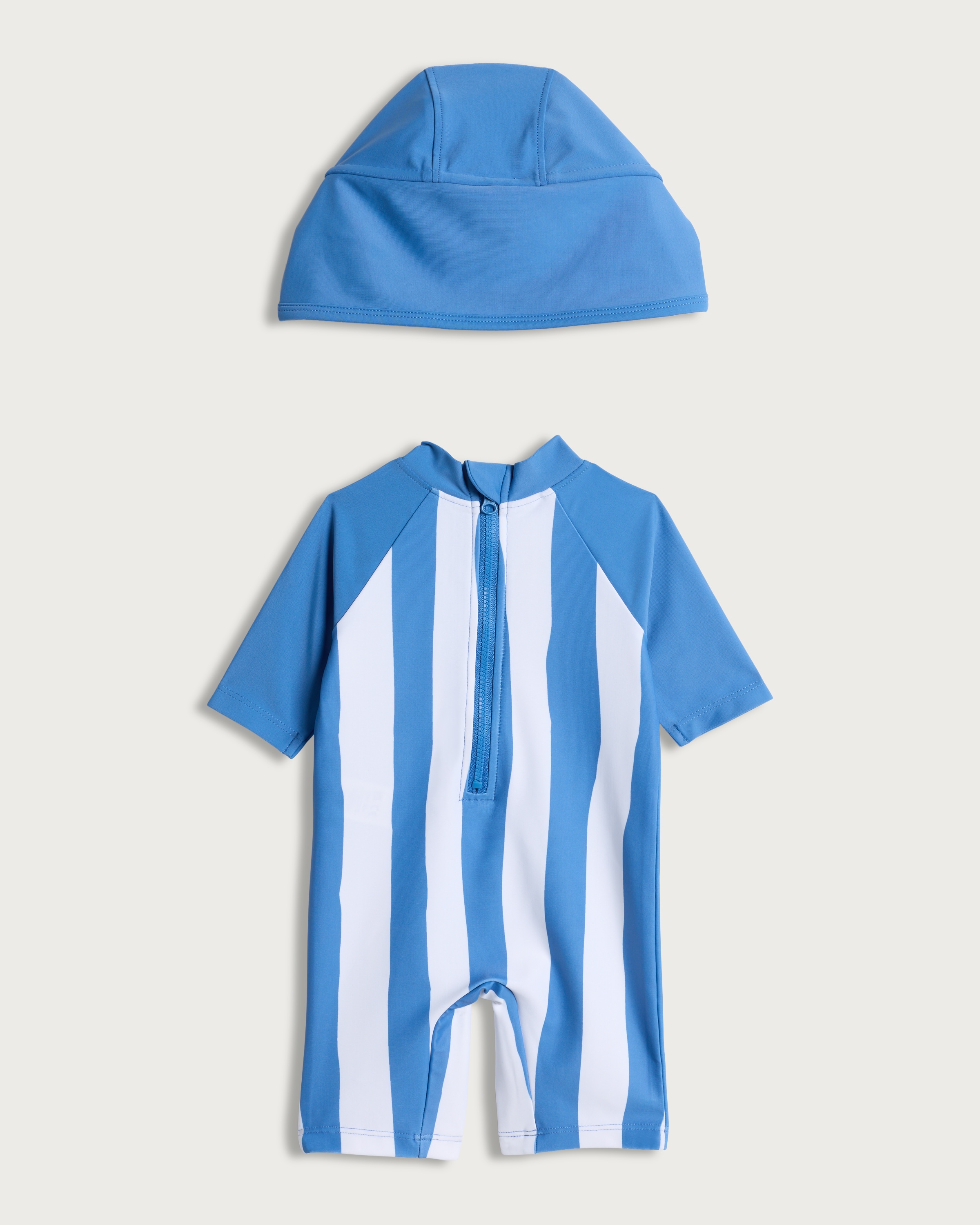 F&F Boys 2-Piece Tomato Striped Sunsafe Swimsuit and Hat Set in Blue thumbnail 2
