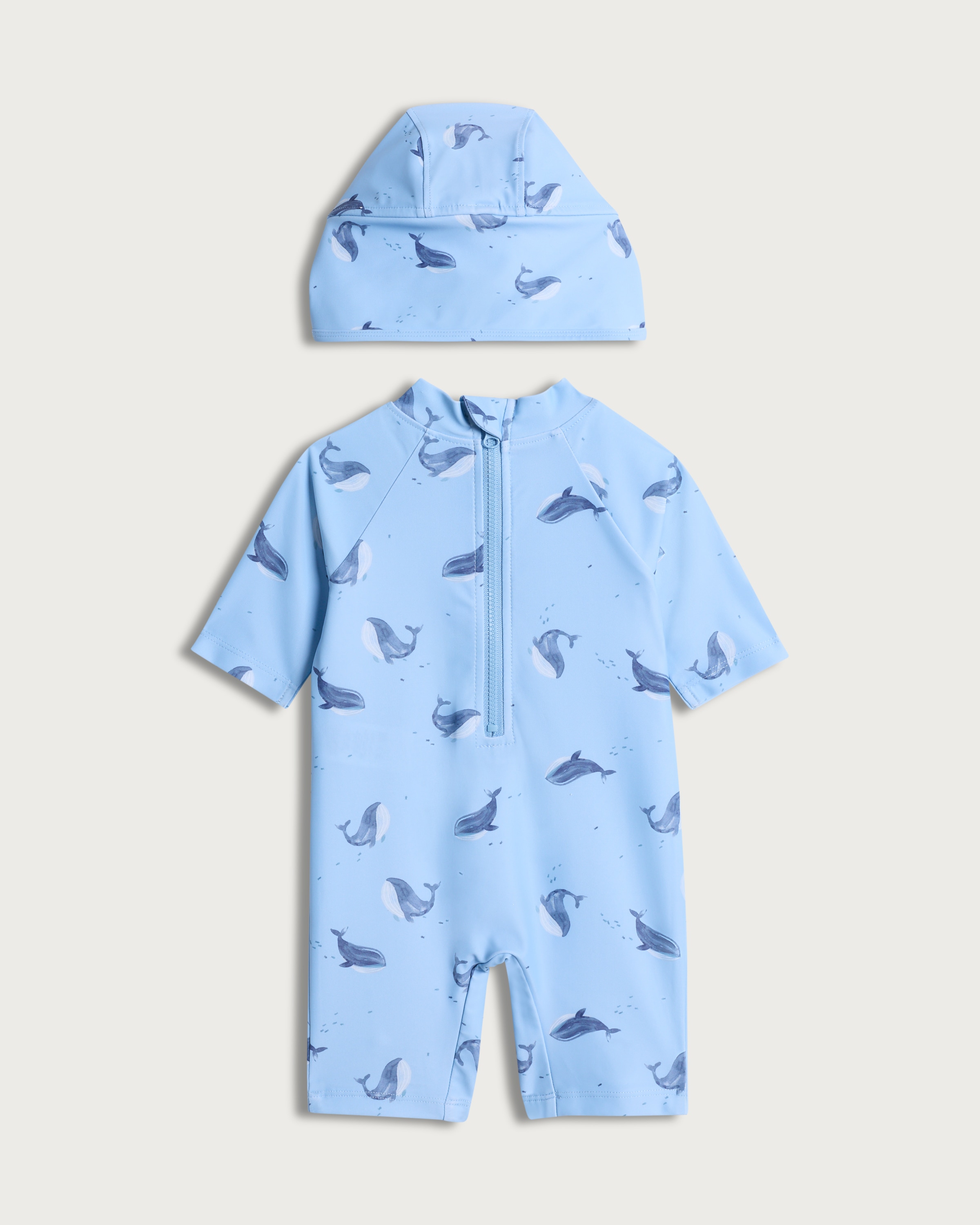 F&F Baby 2-Piece Whale Print Sunsafe Swimsuit and Hat Set in Blue thumbnail 2