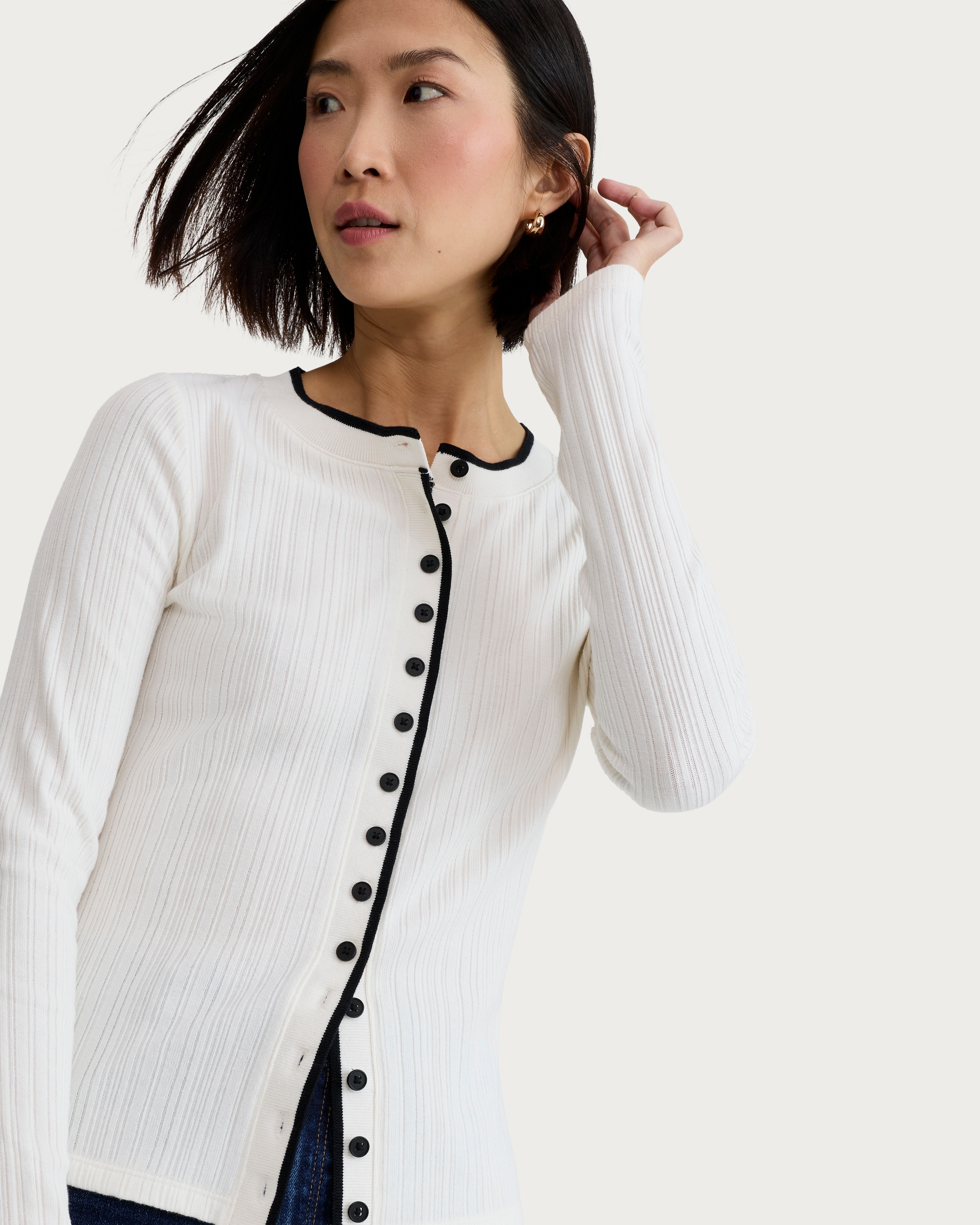 F&F Cotton Rich Ribbed Contrast Trim Button Up Cardigan in Cream