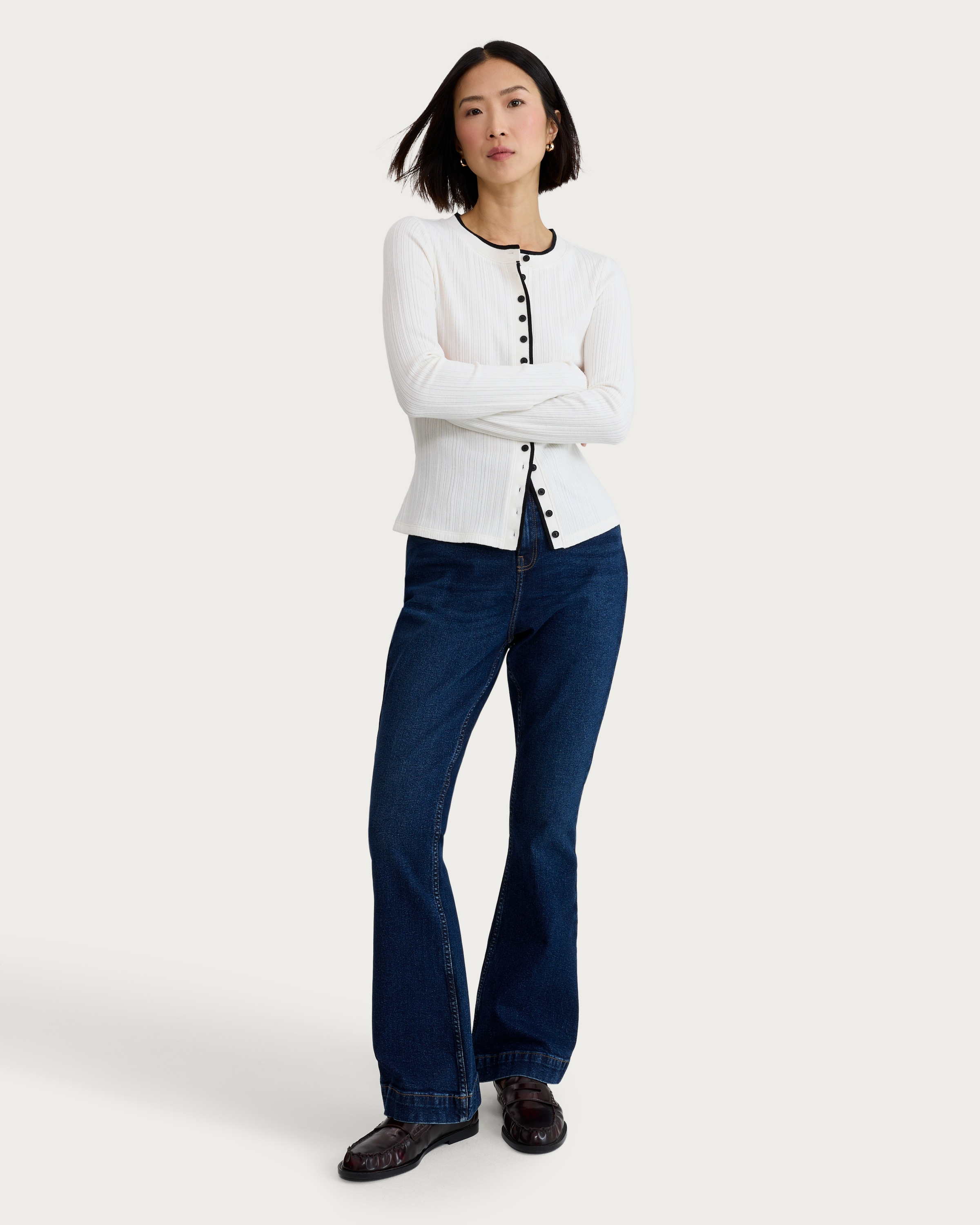 F&F Cotton Rich Ribbed Contrast Trim Button Up Cardigan in Cream thumbnail 2