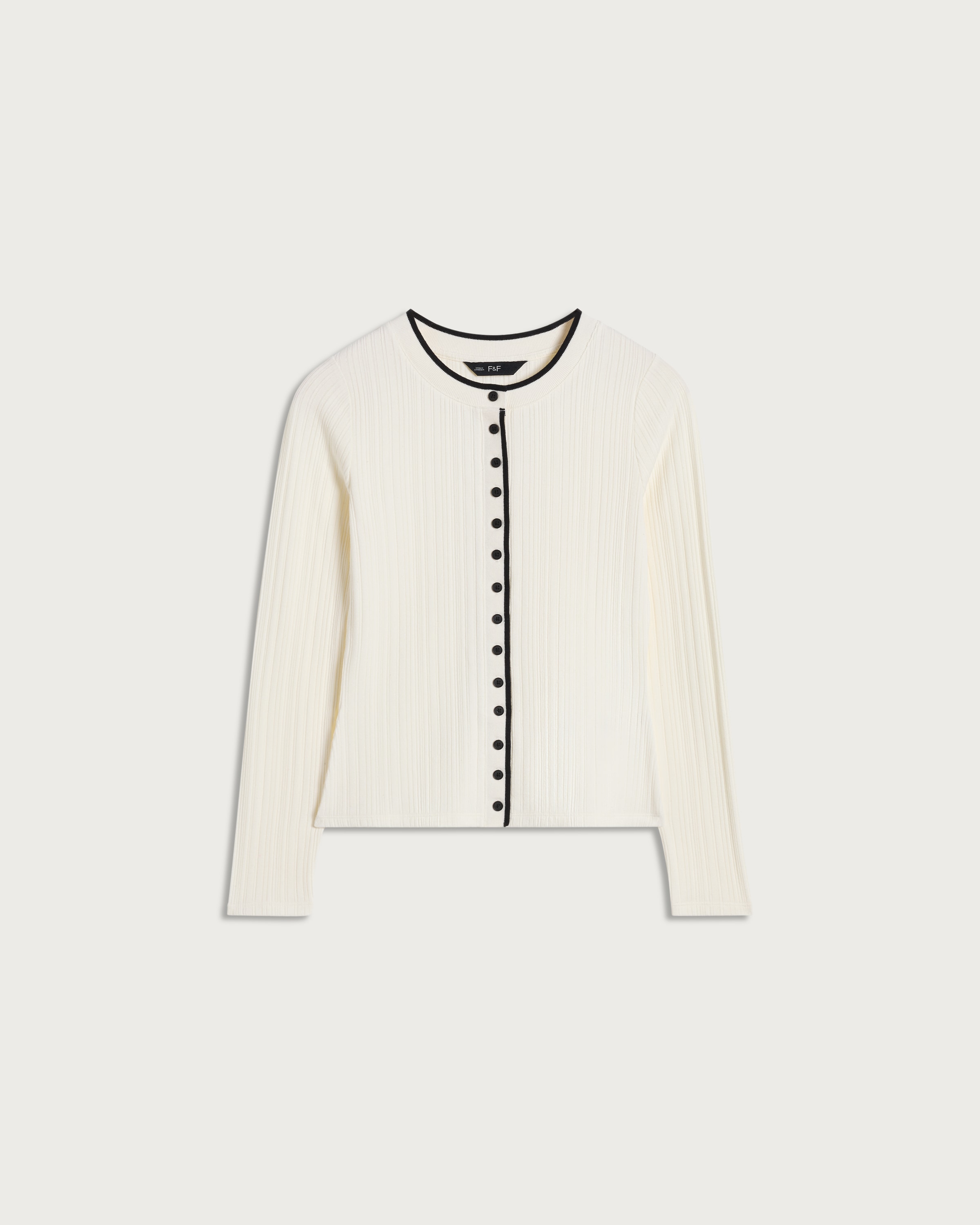 F&F Cotton Rich Ribbed Contrast Trim Button Up Cardigan in Cream thumbnail 4