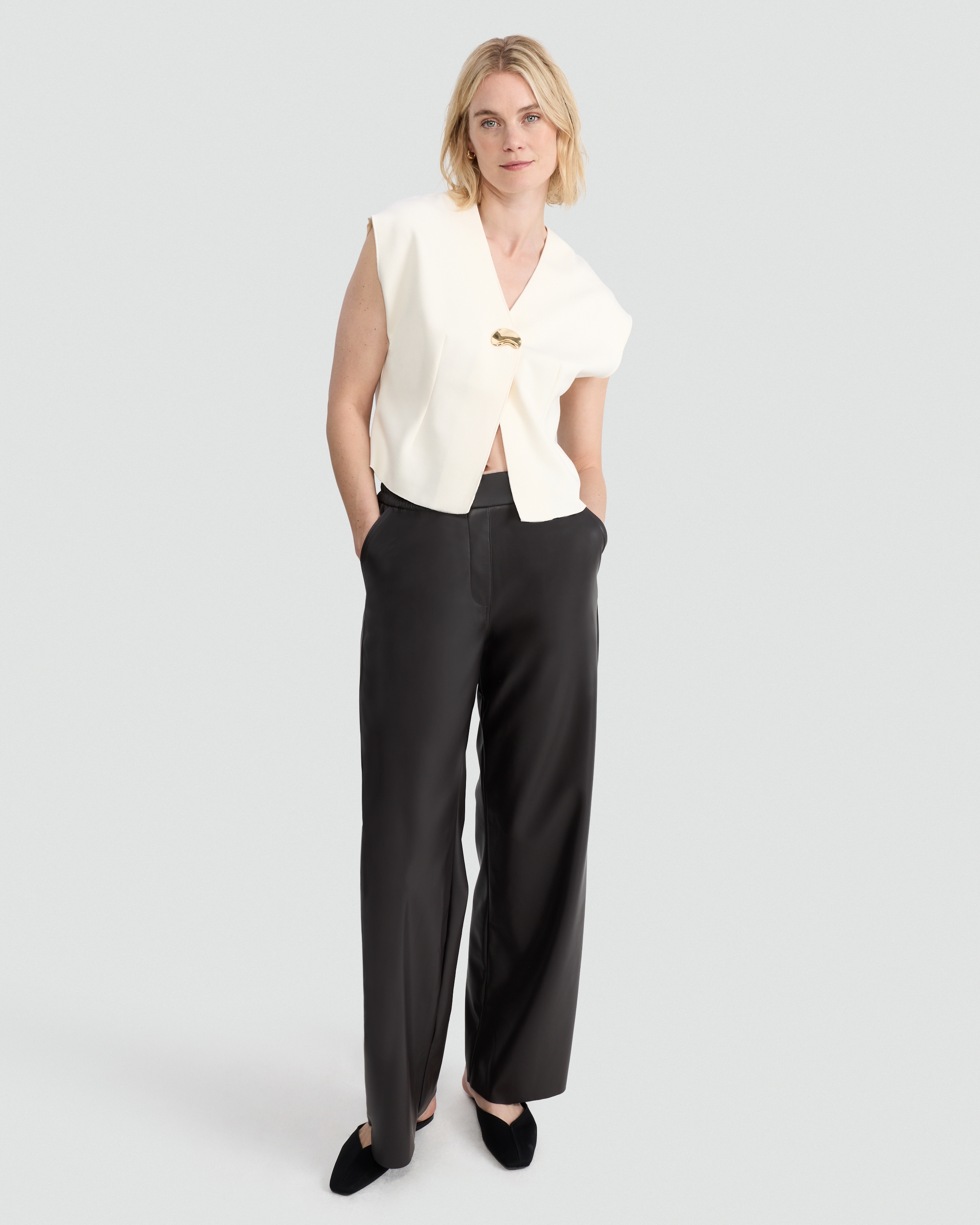 F&F V Neck Metal Accent Top in Cream thumbnail 2
