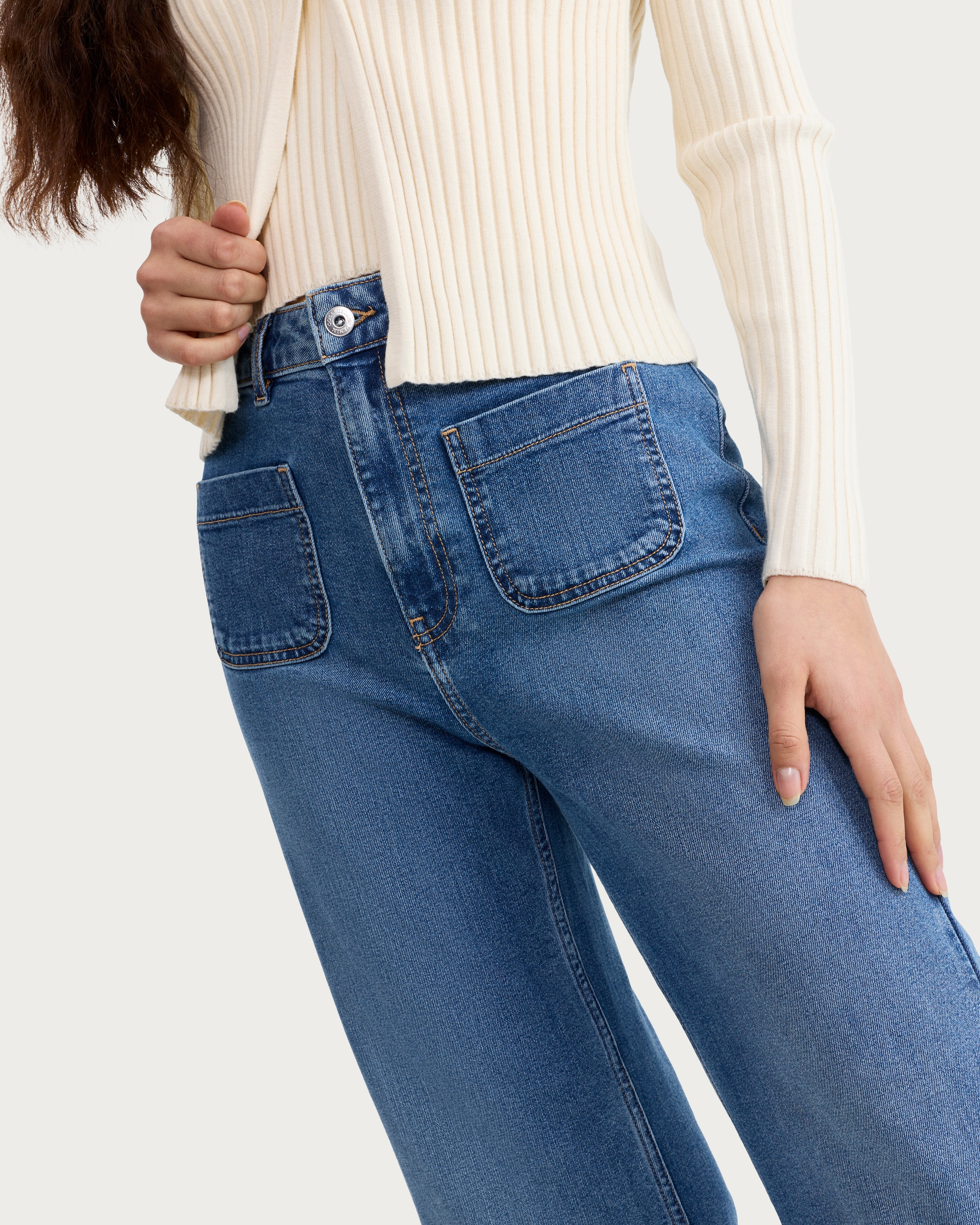 The F&F Edit High Rise Flared Jeans in Blue thumbnail 2