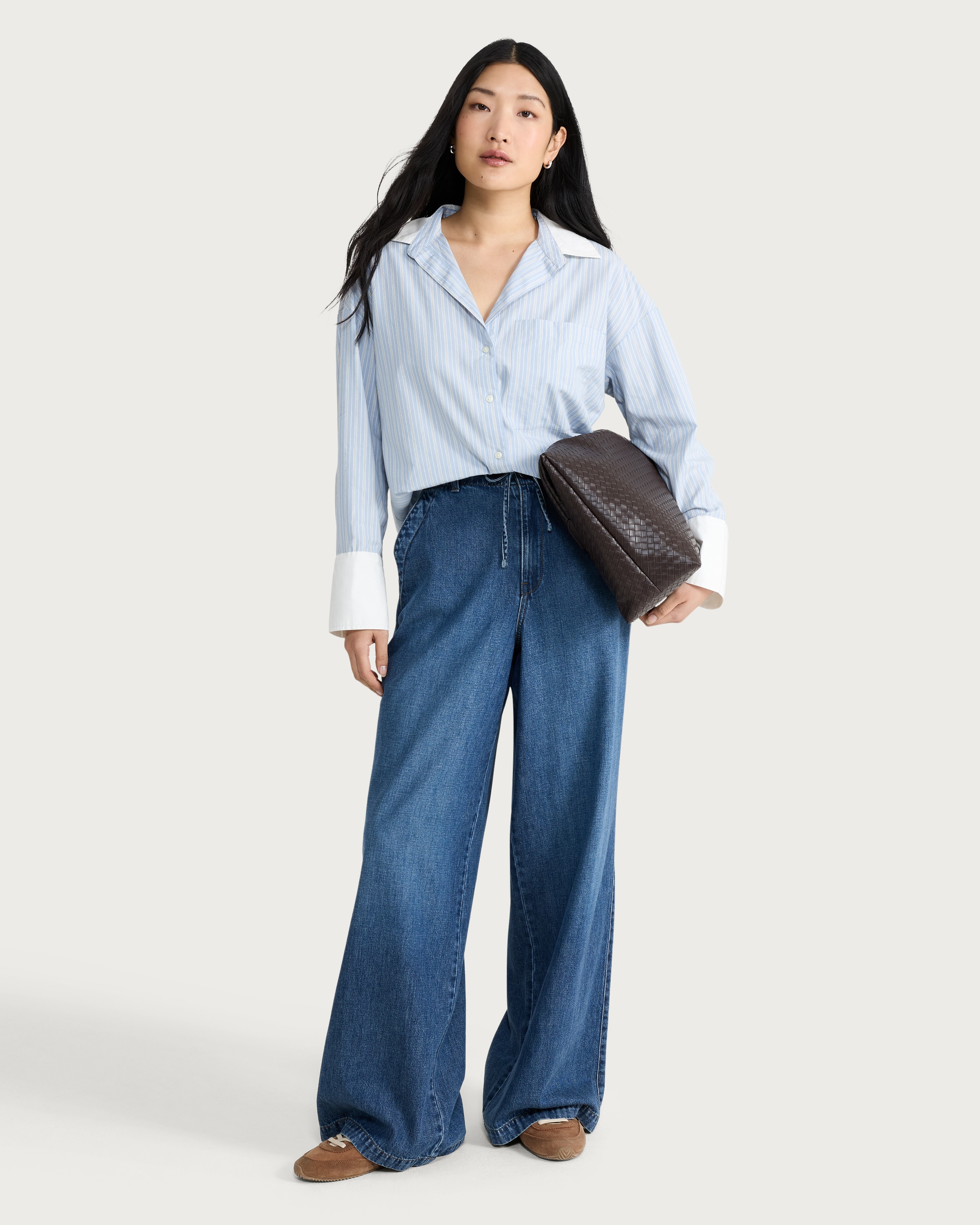 F&F Cotton Rich Stripe Print Contrast Collar Oversized Fit Shirt in Blue thumbnail 2