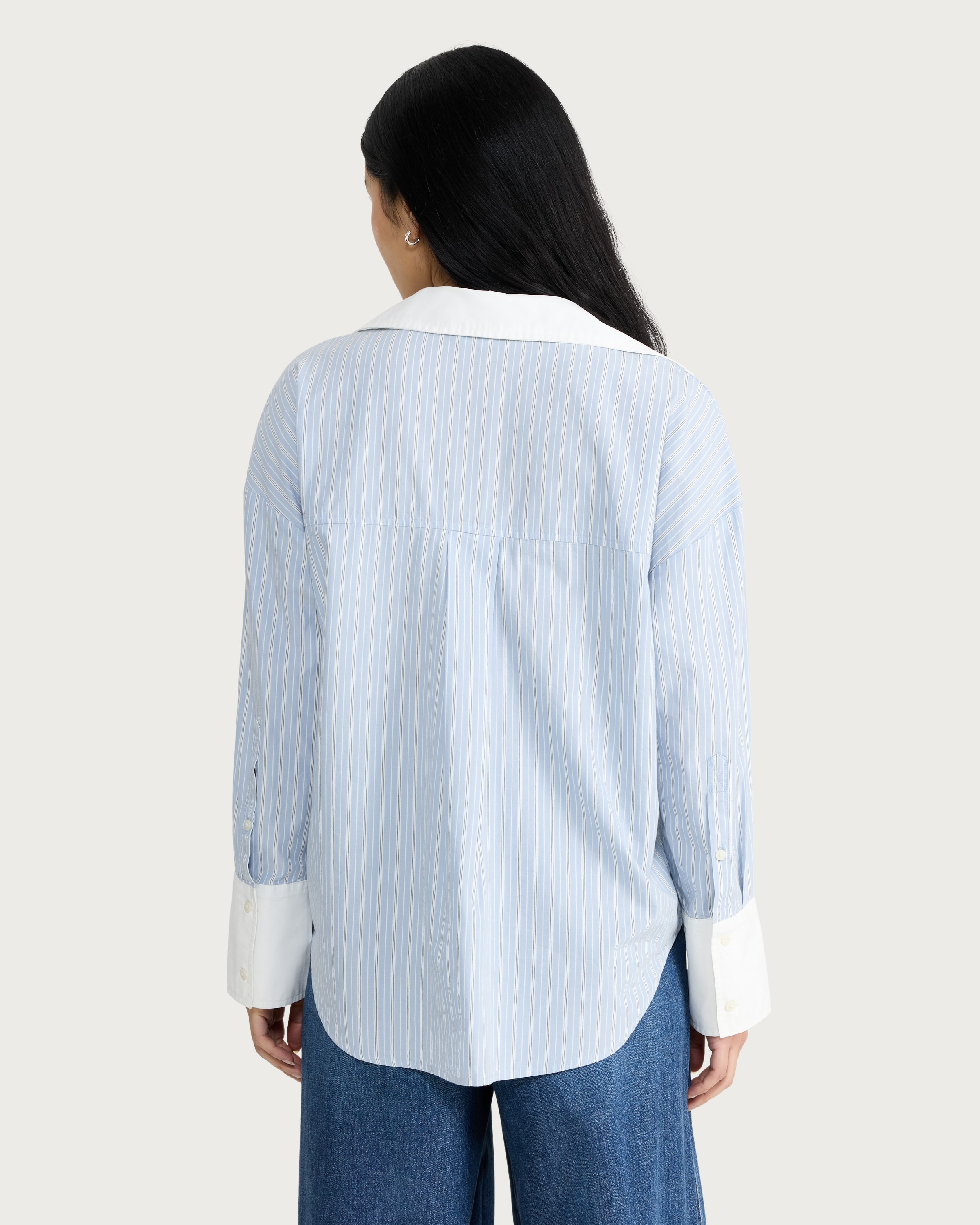 F&F Cotton Rich Stripe Print Contrast Collar Oversized Fit Shirt in Blue thumbnail 3