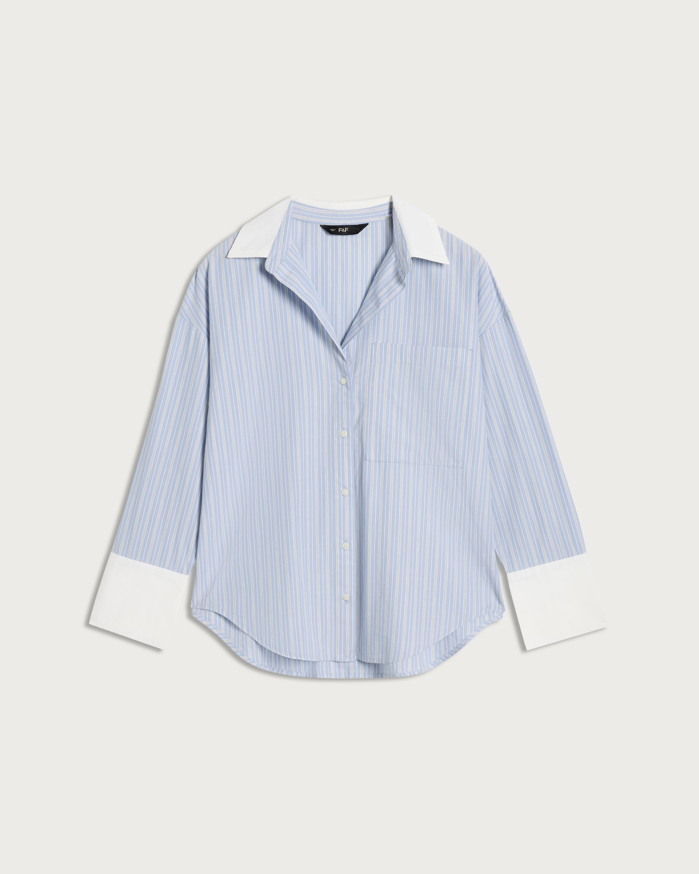 F&F Cotton Rich Stripe Print Contrast Collar Oversized Fit Shirt in Blue thumbnail 4