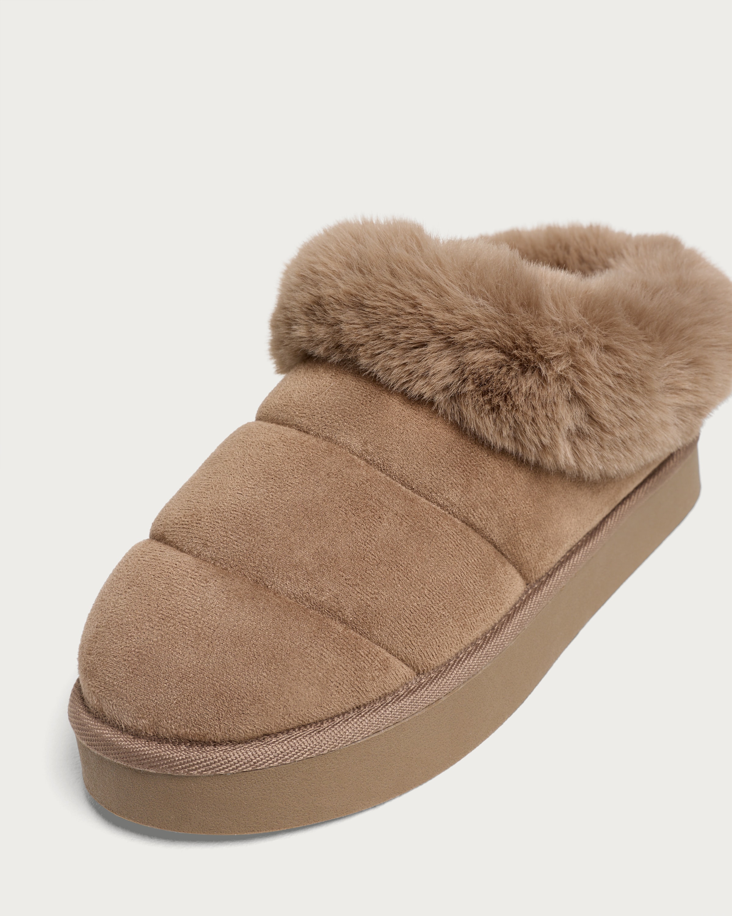 F&F Faux Fur Trim Quilted Slippers in Brown thumbnail 3