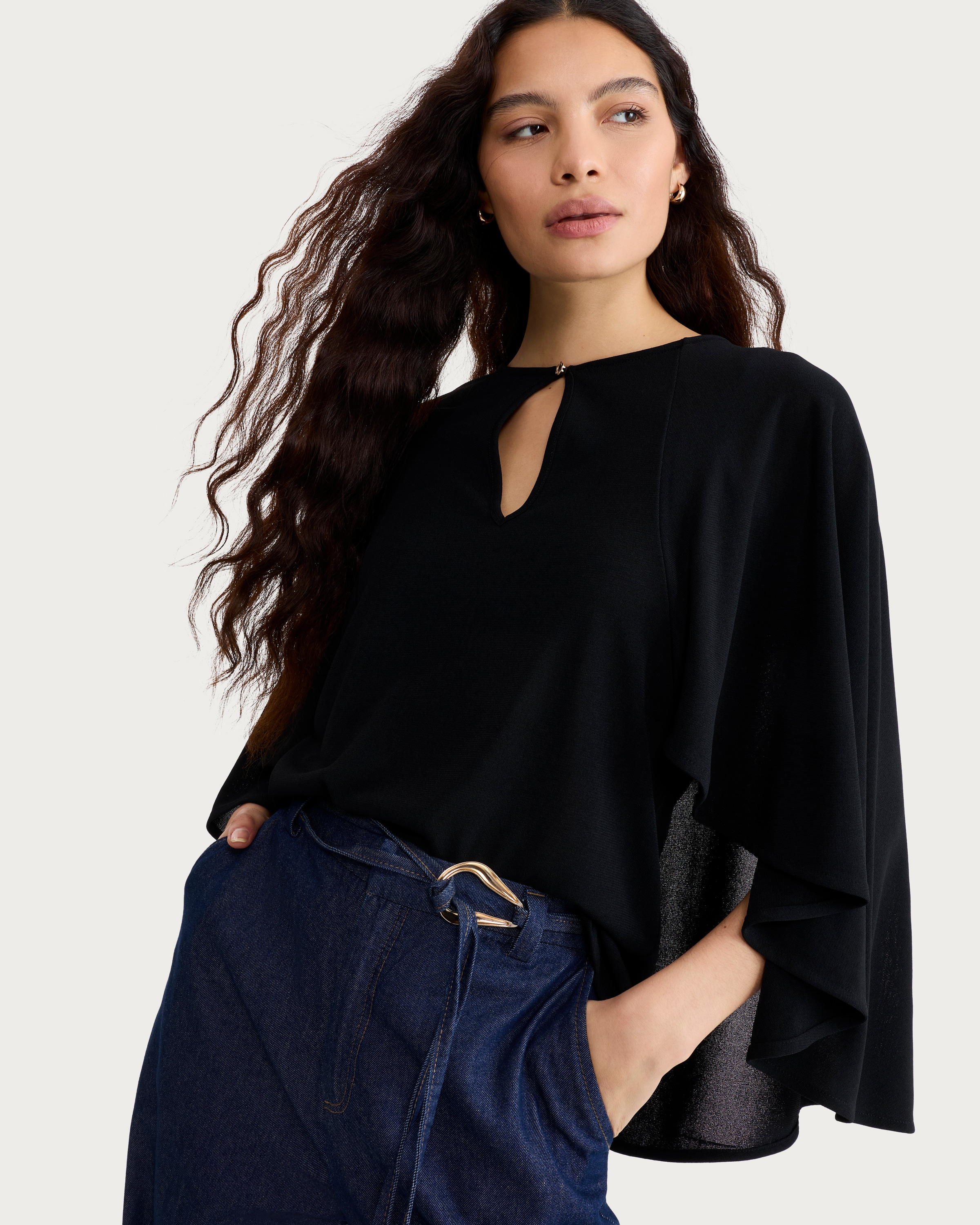 F&F Keyhole Ruffle Sleeved Cape Top in Black