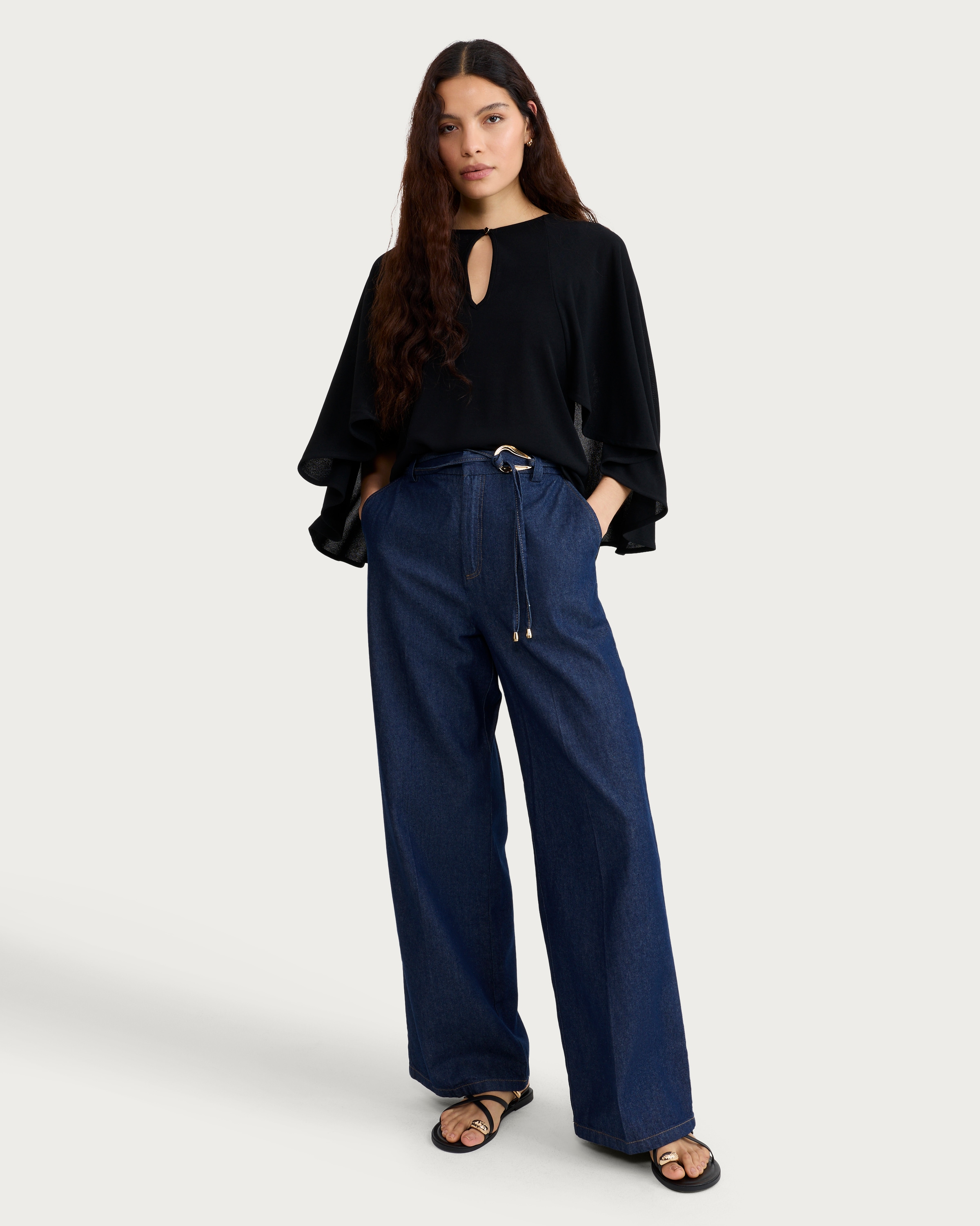 F&F Keyhole Ruffle Sleeved Cape Top in Black thumbnail 2