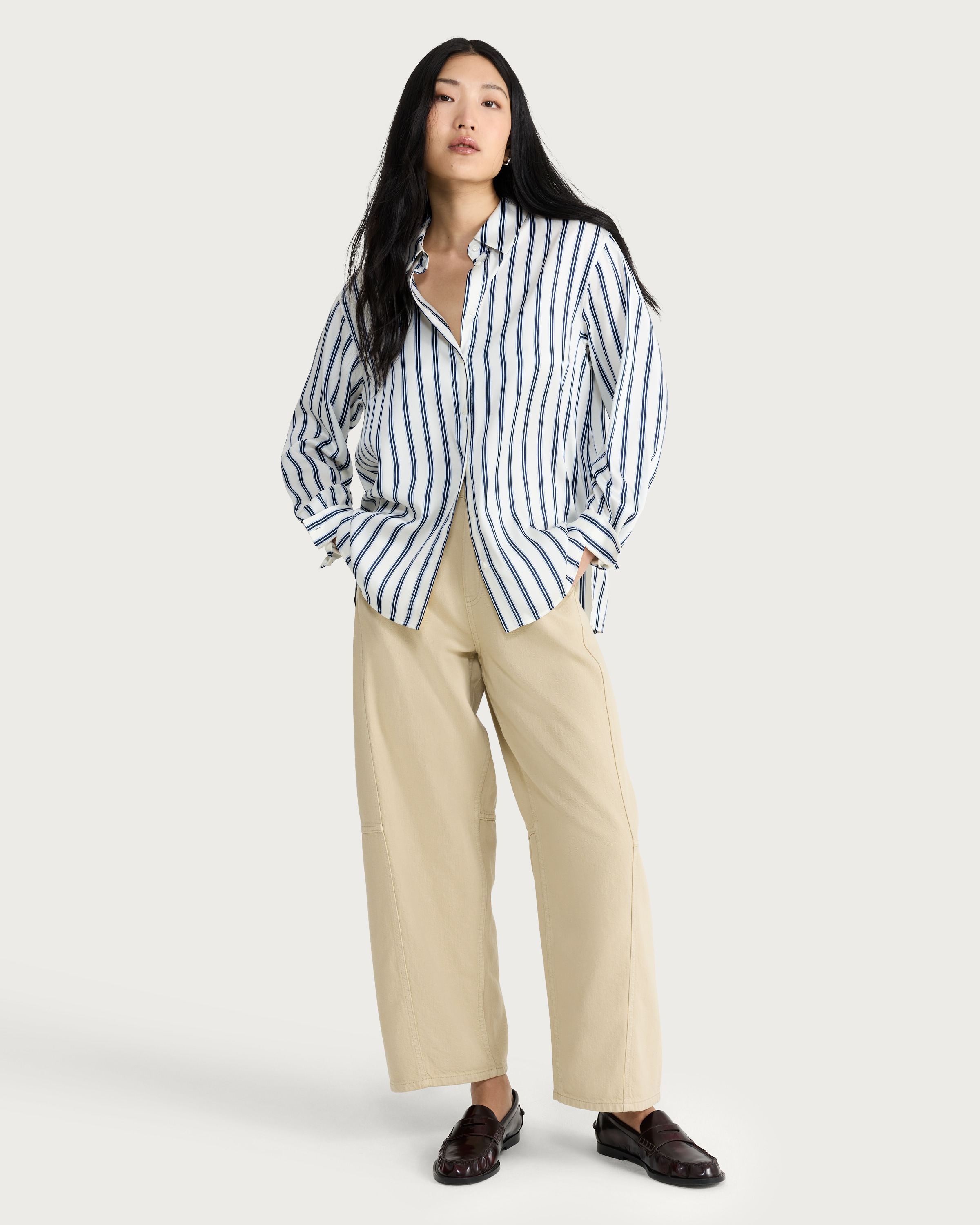 F&F Satin Striped Button Up Shirt in Cream