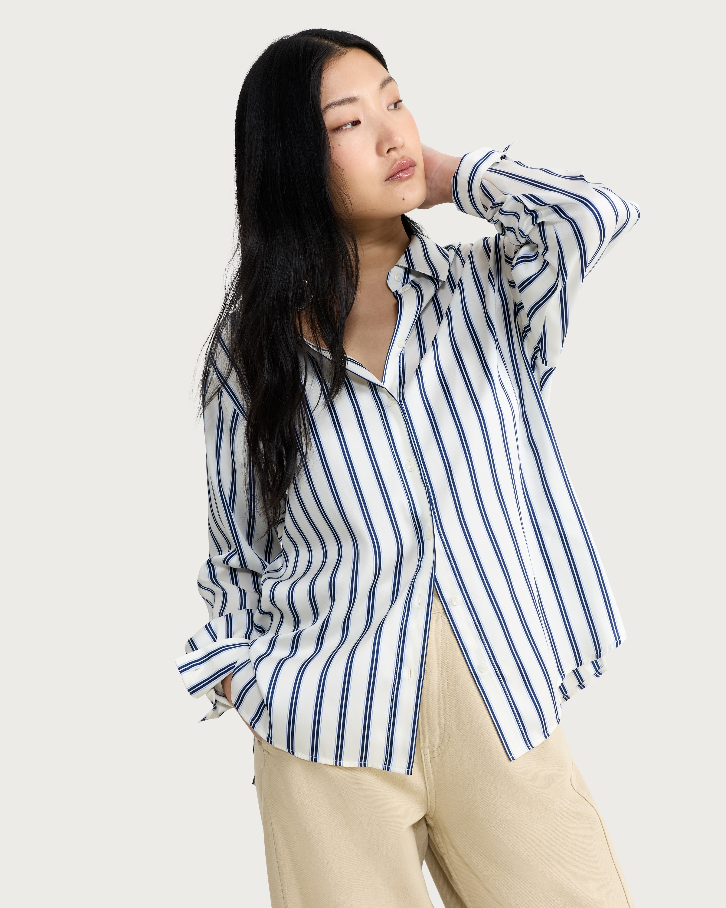 F&F Satin Striped Button Up Shirt in Cream thumbnail 2