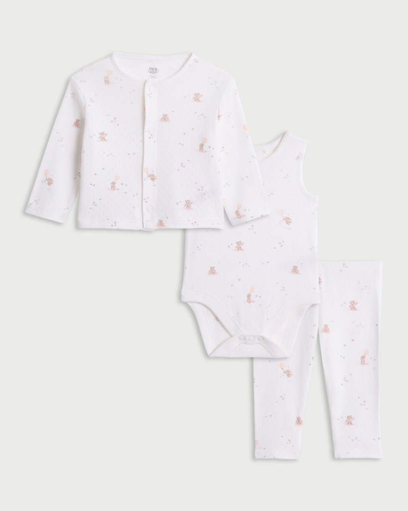 F&F Baby 3-Piece Pure Cotton Cardigan, Bodysuit and Leggings Set in White