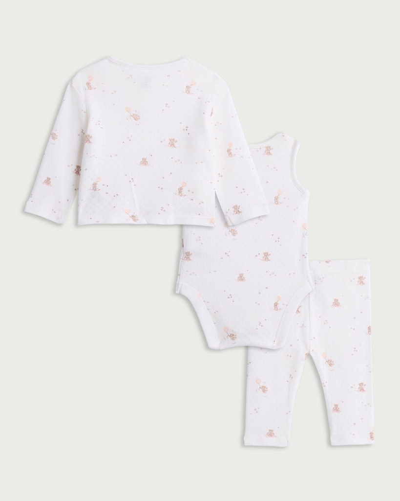 F&F Baby 3-Piece Pure Cotton Cardigan, Bodysuit and Leggings Set in White thumbnail 2