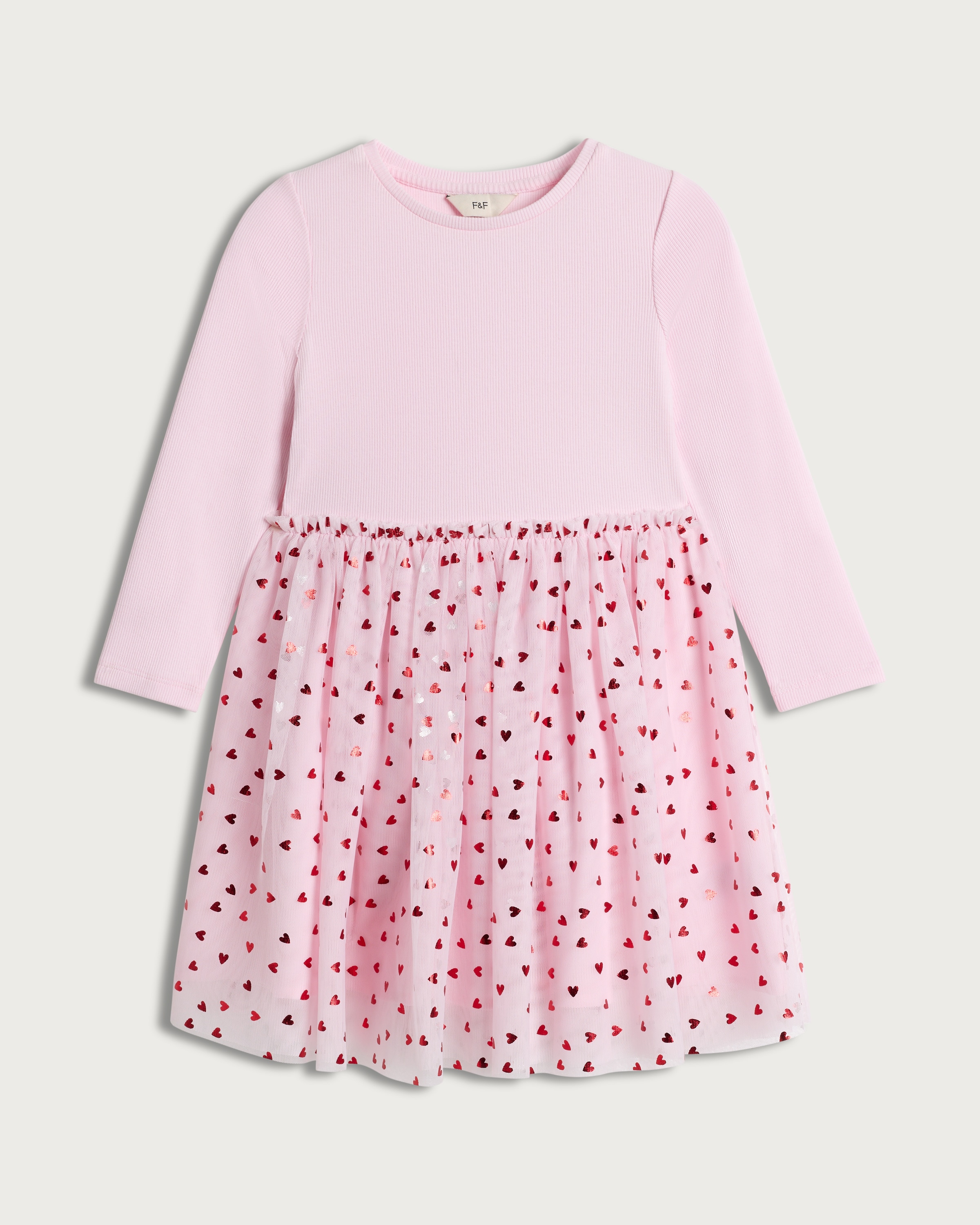 F&F Girls Heart Print Long Sleeved Dress in Pink thumbnail 4
