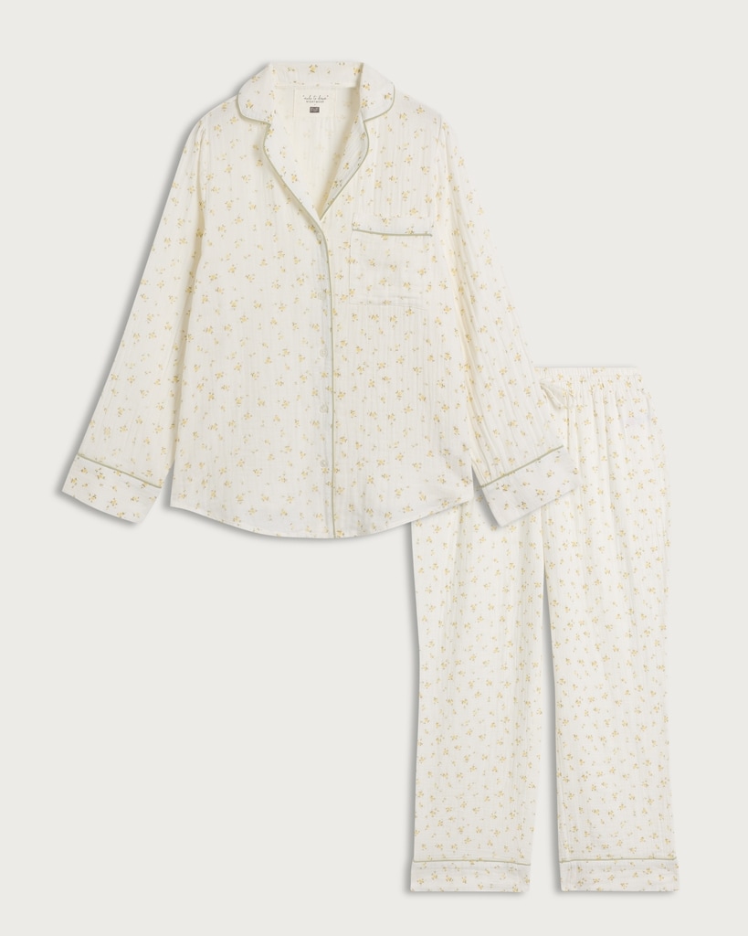 F&F Pure Cotton Double Cloth Floral Print Pyjama Set in Multi White