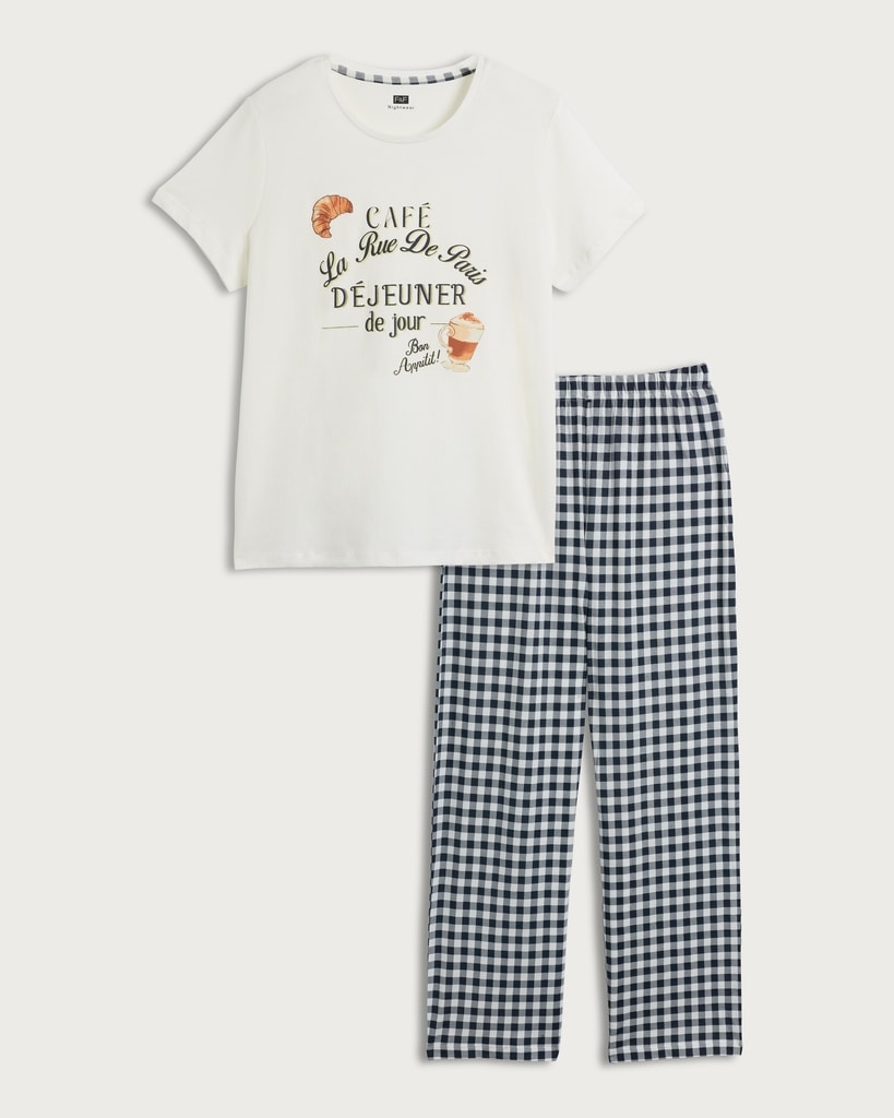 F&F Pure Cotton Café Print Pyjama Set in Multi White