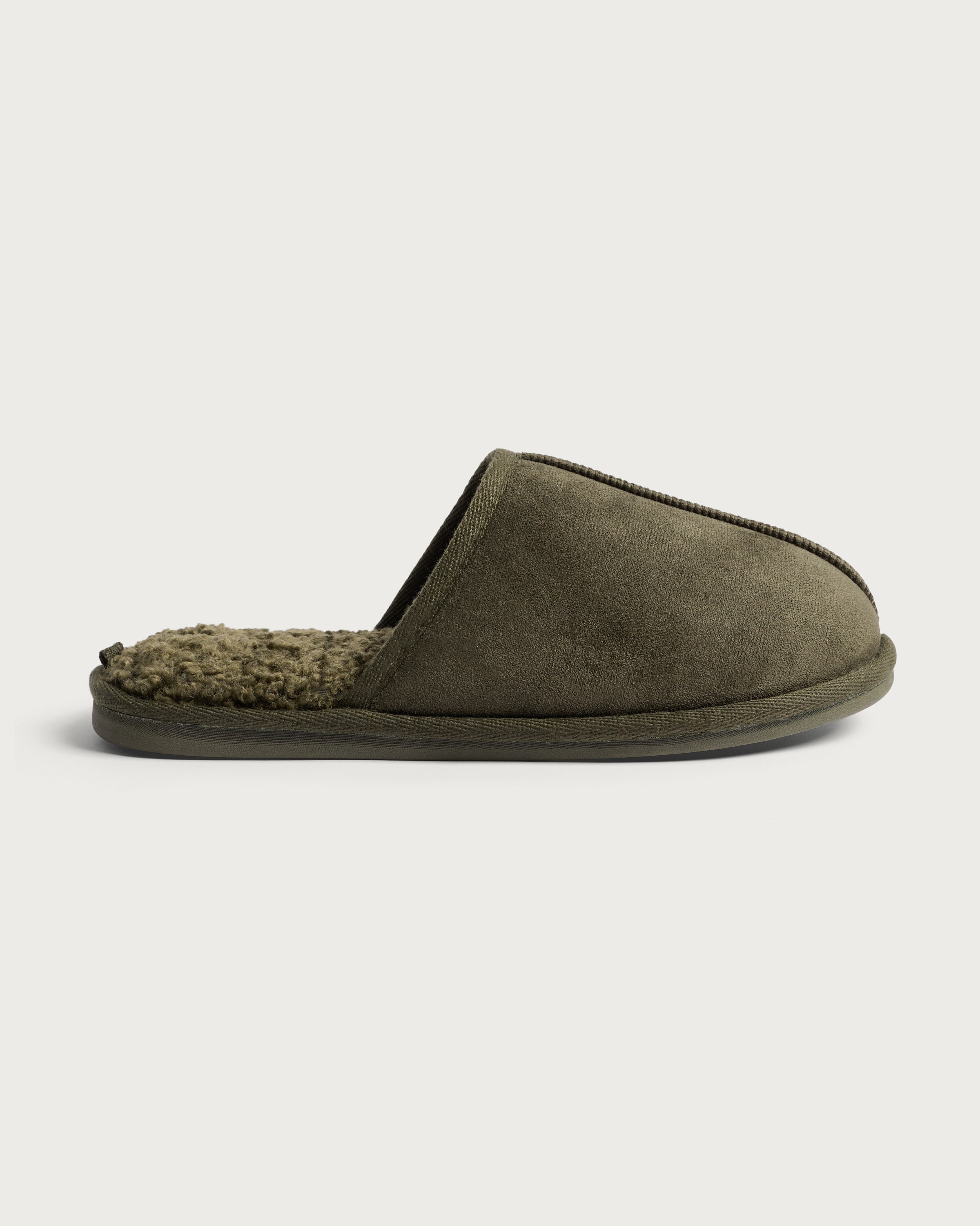 F&F Faux Suede Borg Lined Mule Slippers in Khaki