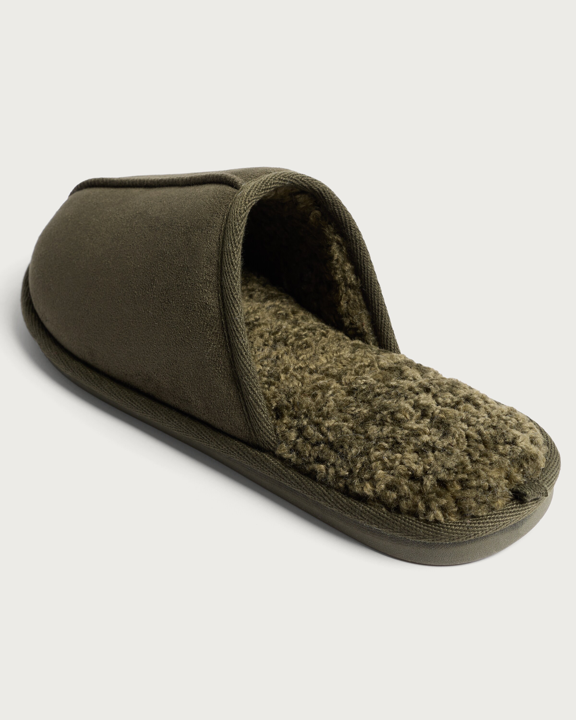 F&F Faux Suede Borg Lined Mule Slippers in Khaki thumbnail 3