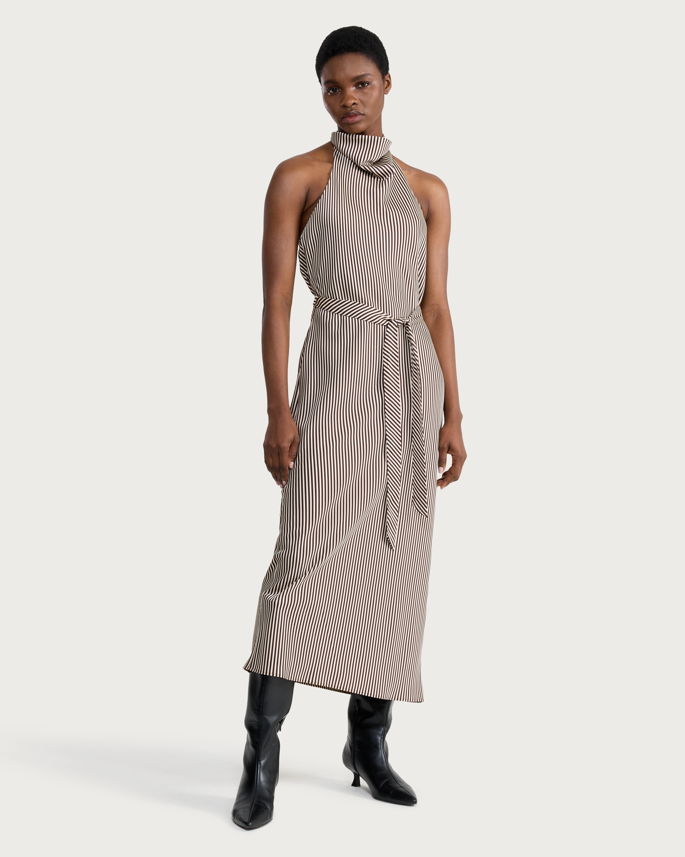 F&F Stripe Print Halterneck Midi Dress in Cream