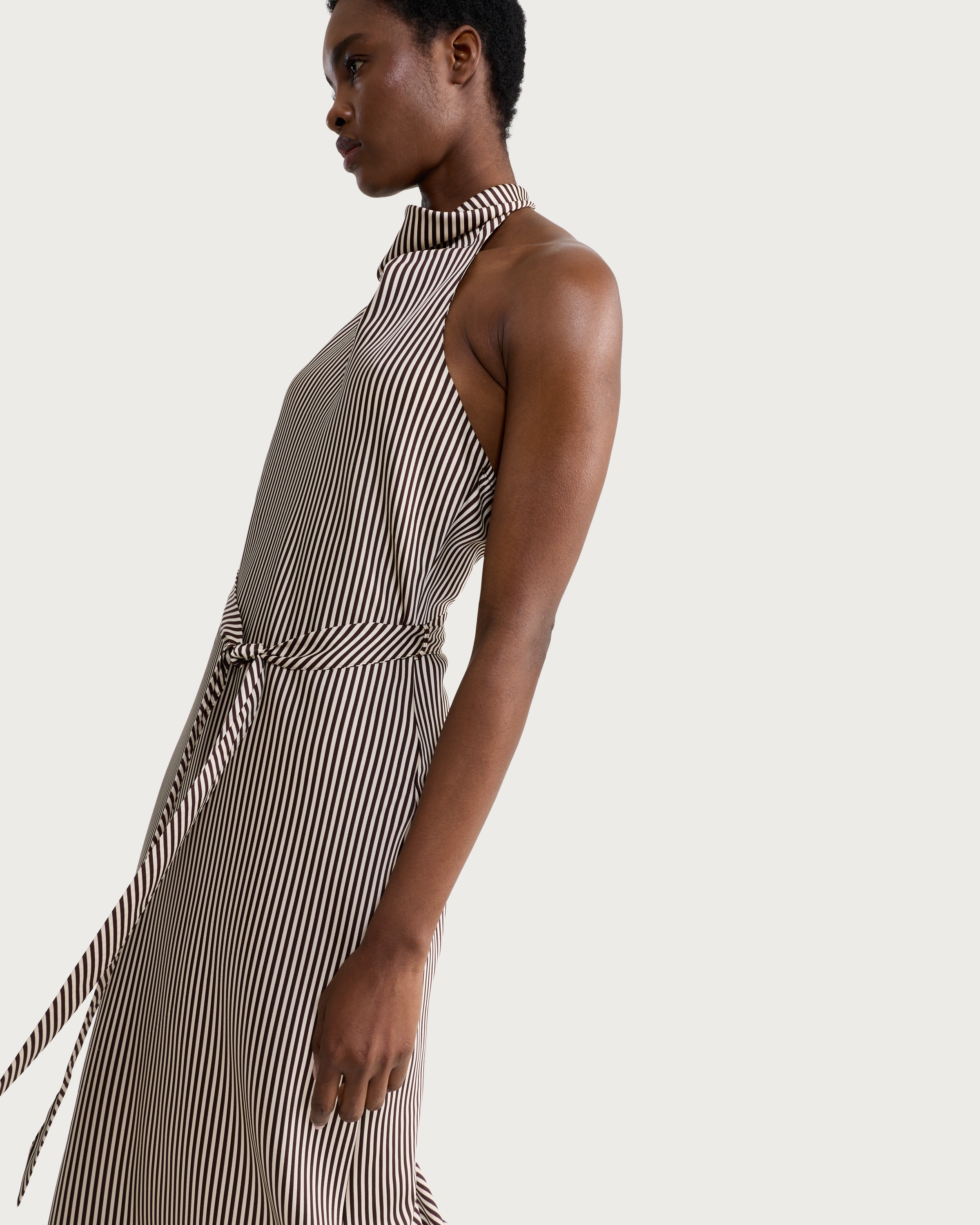 F&F Stripe Print Halterneck Midi Dress in Cream thumbnail 2