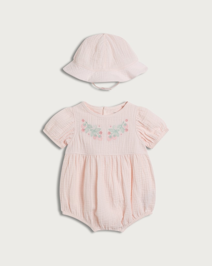 F&F Baby 2-Piece Pure Cotton Textured Embroidered Romper with Hat in Pink
