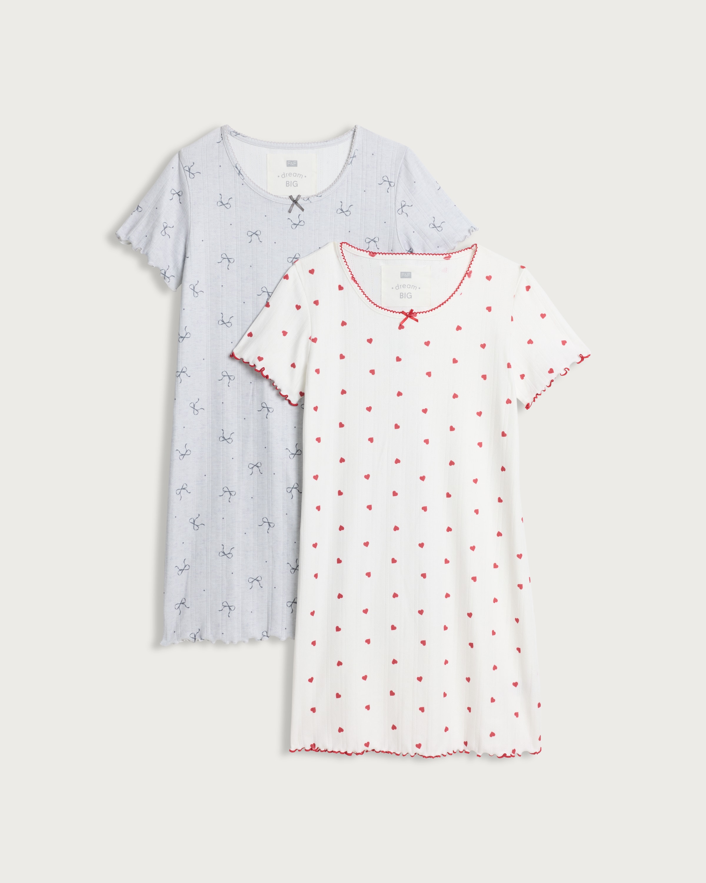 F&F 2-Pack Pointelle Bow and Heart Print Nightdresses in Cream