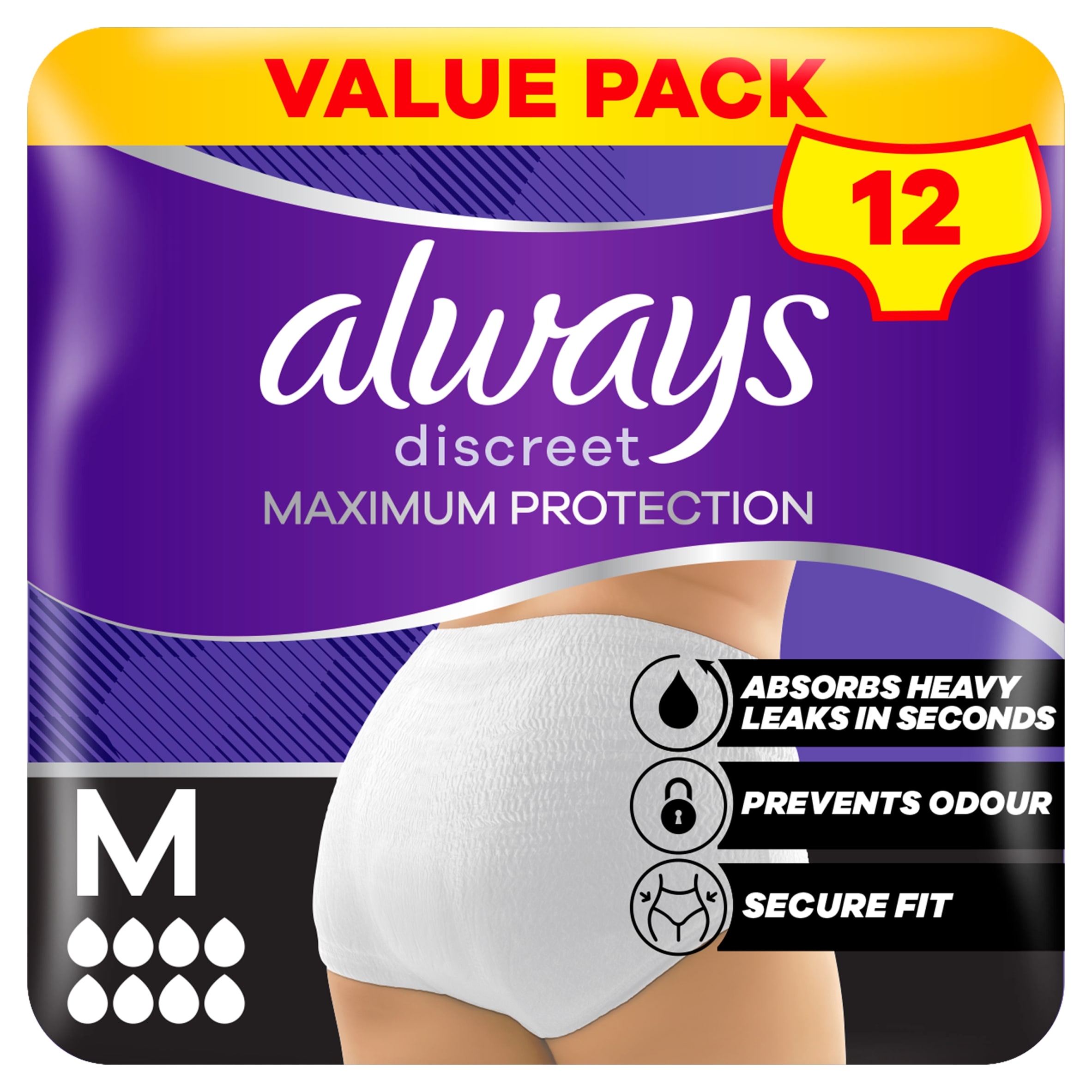 Always Discreet Maximum Protection Medium Thick Pant 12 Pack