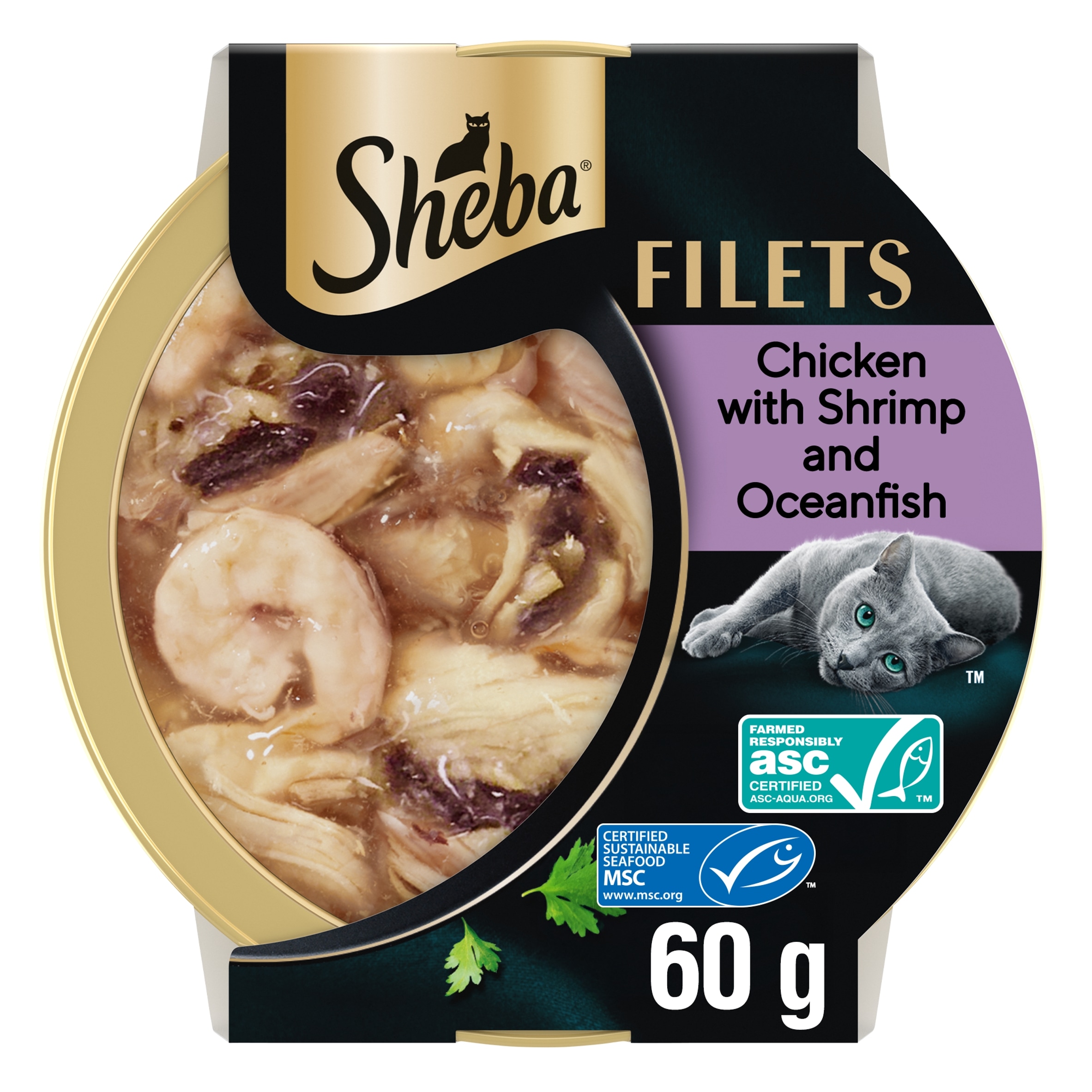 SHEBA Filets Adult Cat Food Tray with Chicken, Fish & Shrimp in Gravy 60g