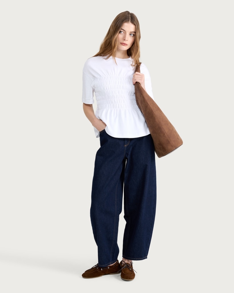 The F&F Edit Pure Cotton Shirred Waist Short Sleeved Top in White thumbnail 2