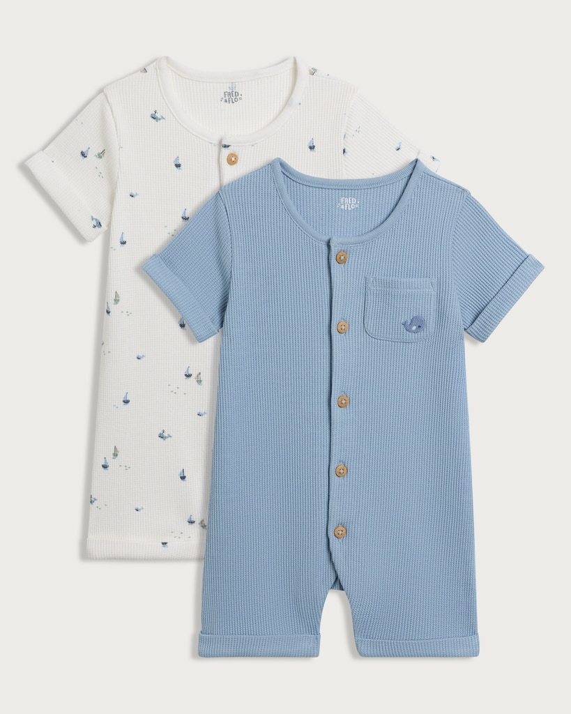 F&F Baby 2-Pack Cotton Rich Waffle Textured Short Sleeved Rompers in Blue