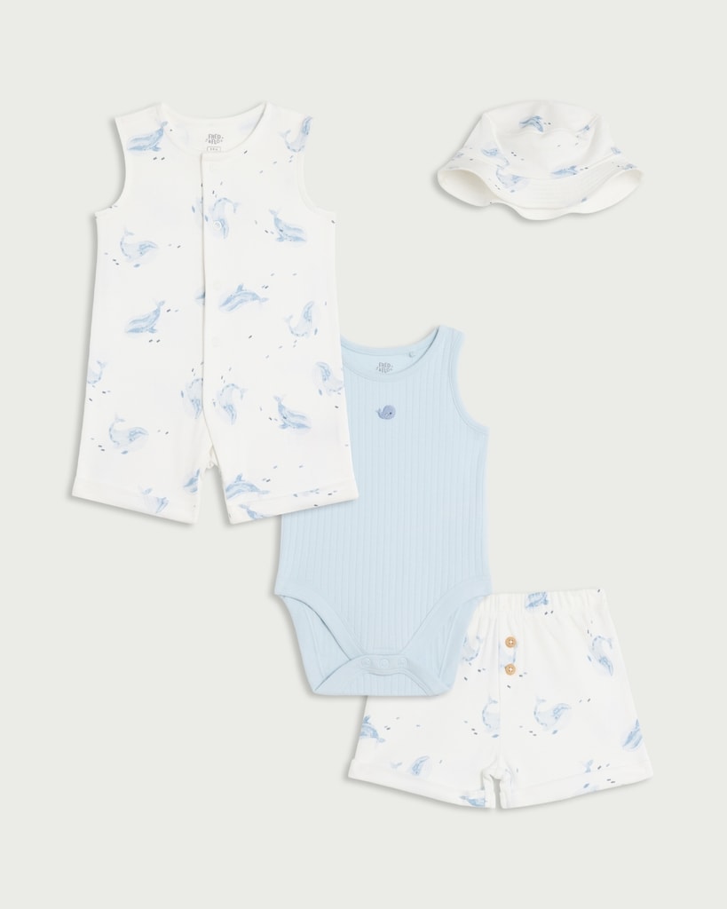 F&F Baby 4-Pack Pure Cotton Whale Print Set in Blue