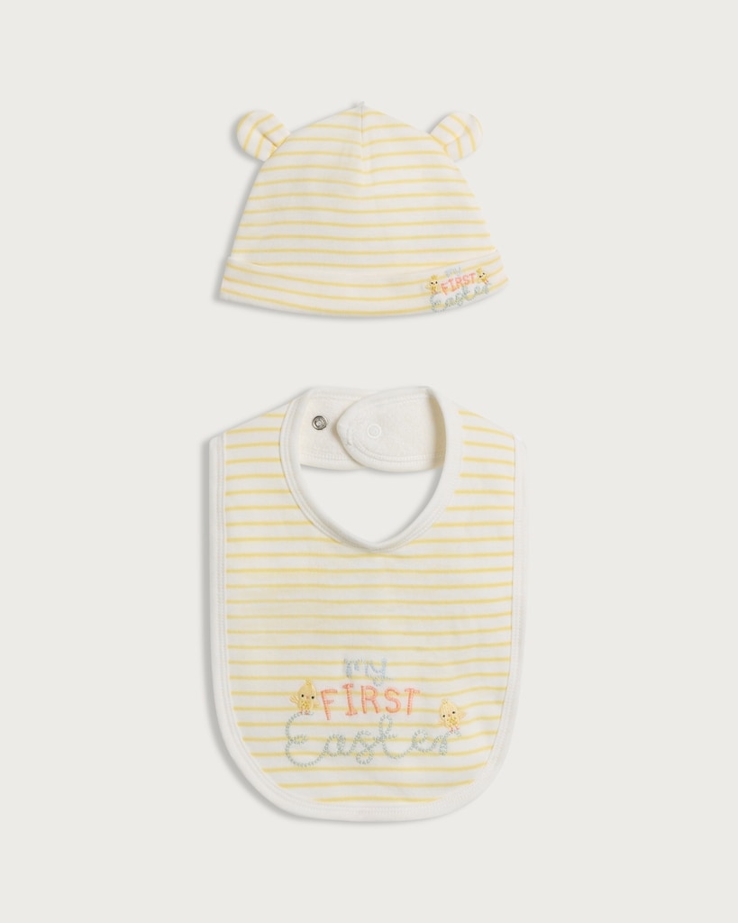 F&F Baby 2-Piece Pure Cotton My First Easter Hat and Bib in White