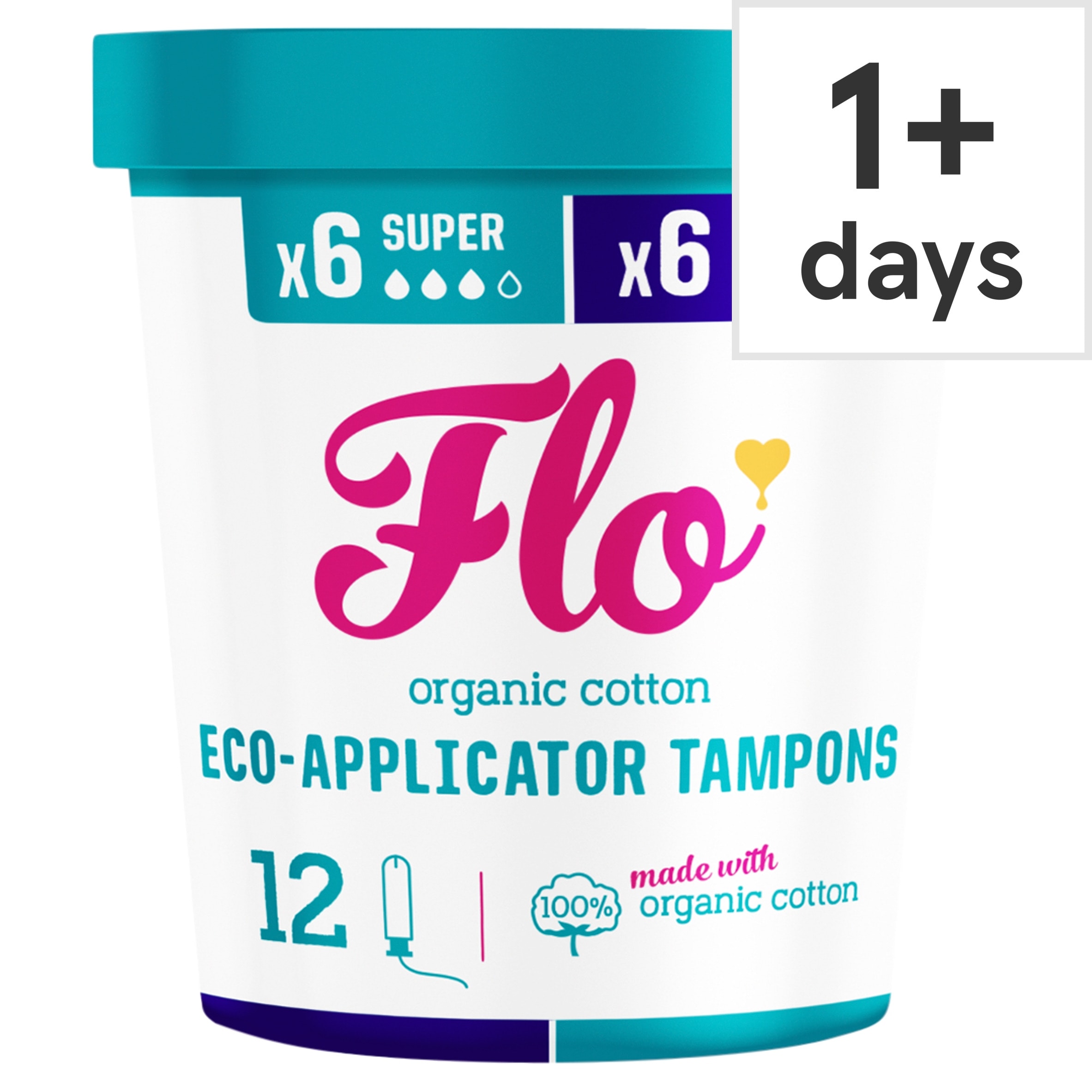 Flo Organic Cotton Applicator Tampon Combo Pack (6 Super + 6 Super Plus tampons)