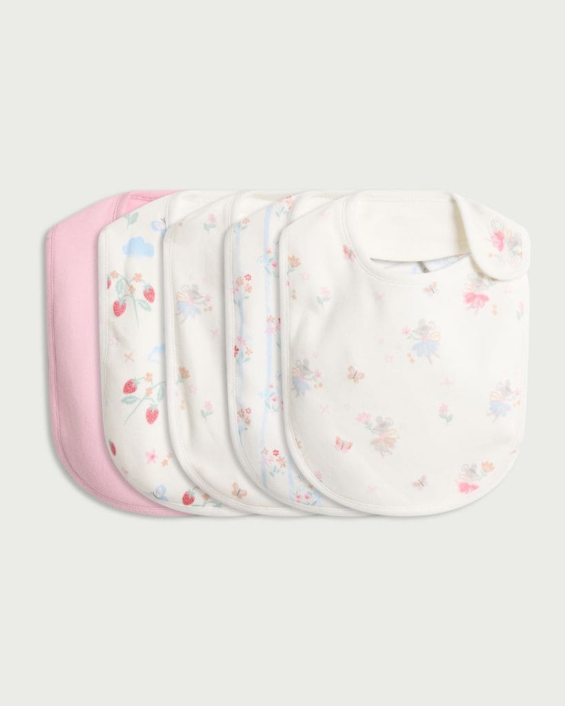 F&F Baby 5-Pack Pure Cotton Fairy Printed Bibs in Pink