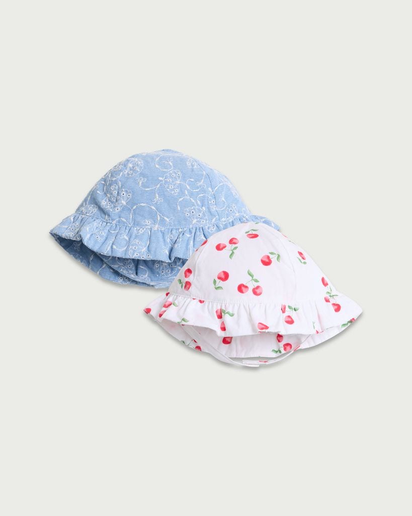 F&F Baby 2-Pack Pure Cotton Embroidered and Cherry Print Hats in Multi