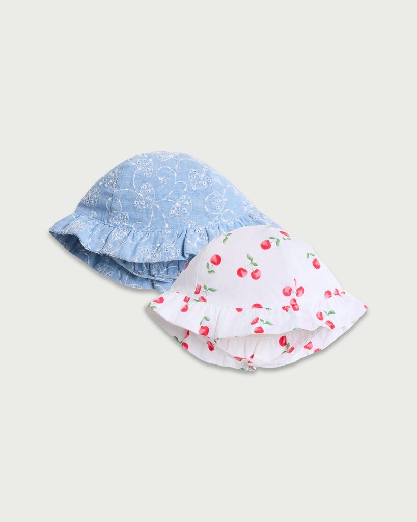 F&F Baby 2-Pack Pure Cotton Embroidered and Cherry Print Hats in Multi thumbnail 2