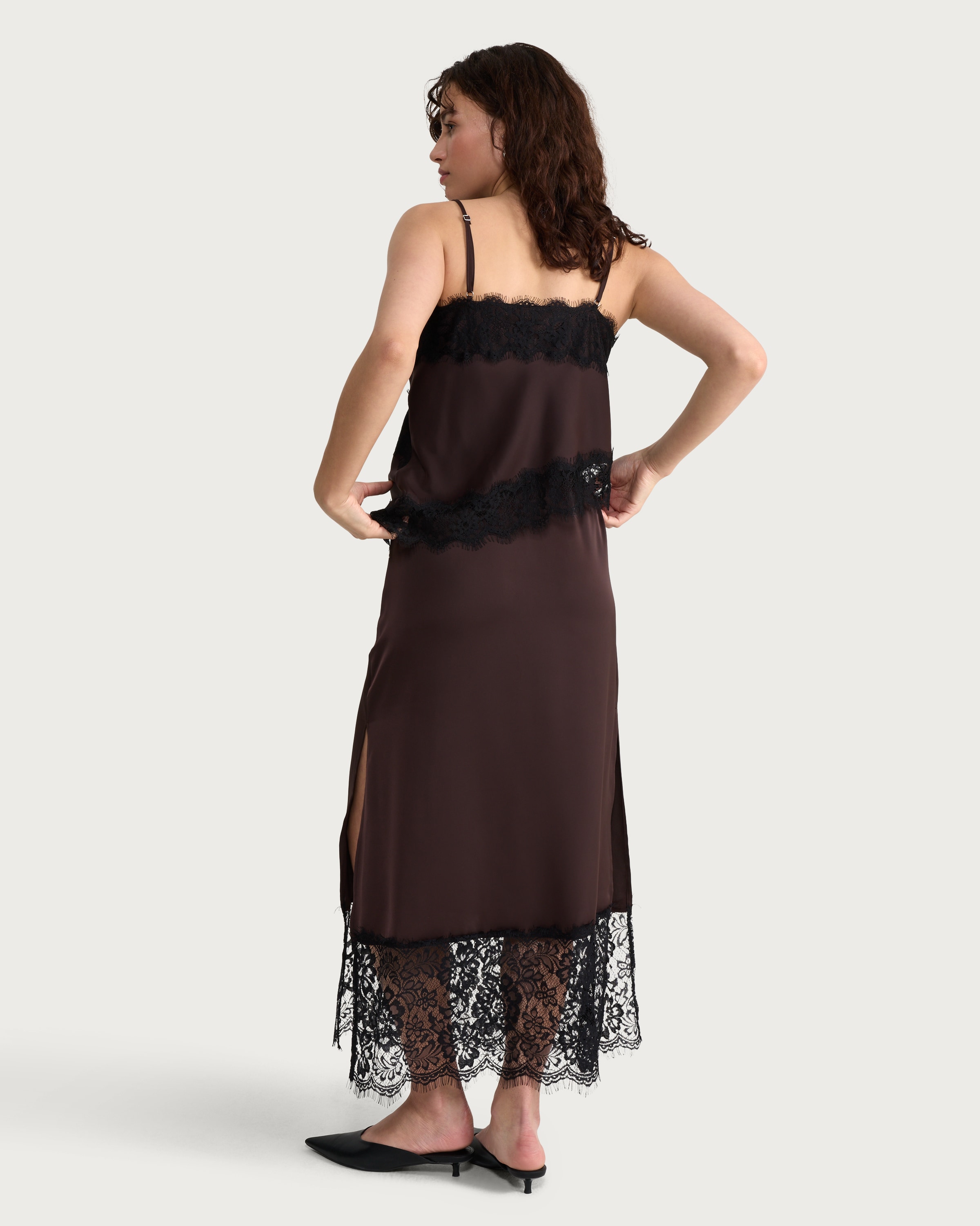 F&F Satin Lace Trim Co-ord Midi Skirt in Chocolate thumbnail 3
