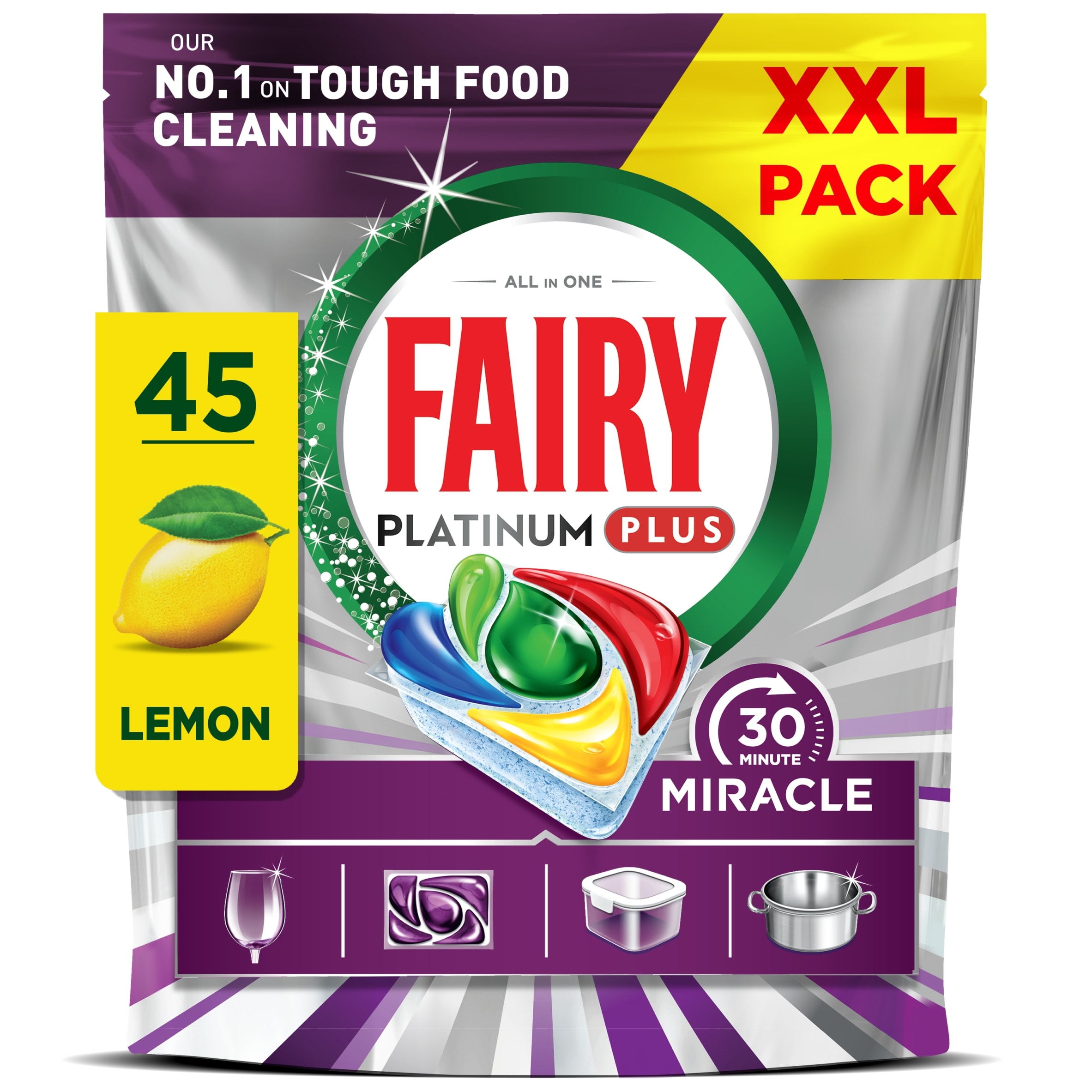 Fairy Platinum Plus 30 Minute Miracle Lemon 45 Dishwasher Tablets 741g